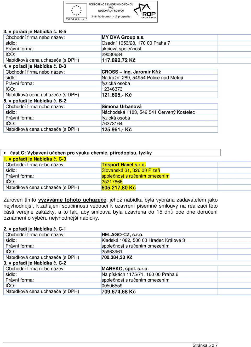 217,80 Kč 2. v pořadí je Nabídka č. C-1 HELAGO-CZ, s.r.o. Kladská 1082, 500 03 Hradec Králové 3 IČO: 25963961 Nabídková cena uchazeče (s DPH) 700.384,30 Kč 3. v pořadí je Nabídka č. C-2 MANEKO, spol.
