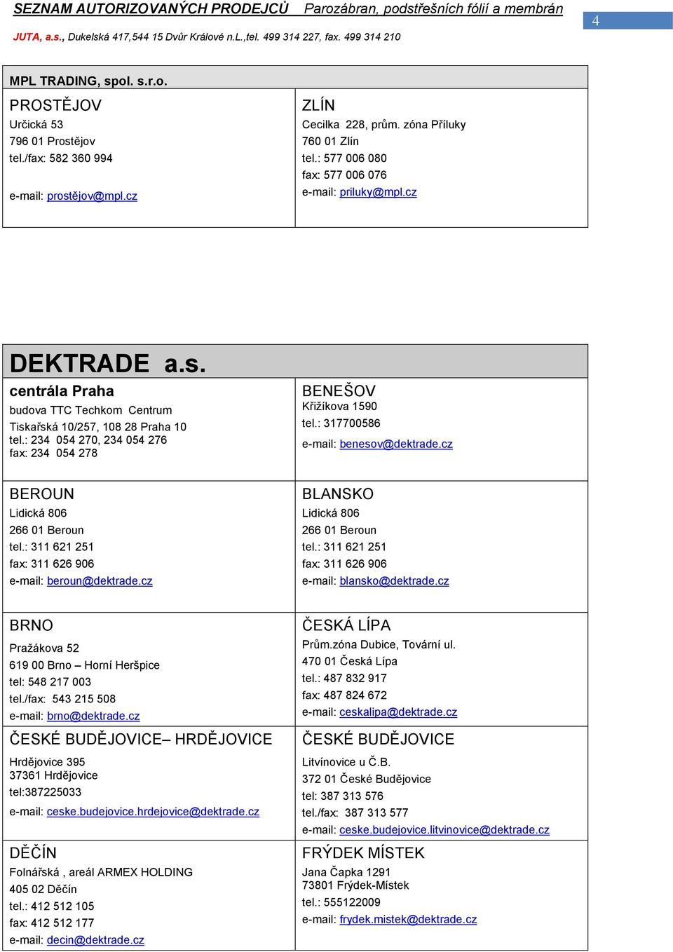 : 234 054 270, 234 054 276 fax: 234 054 278 BENEŠOV Křižíkova 1590 tel.: 317700586 e-mail: benesov@dektrade.cz BEROUN Lidická 806 266 01 Beroun tel.