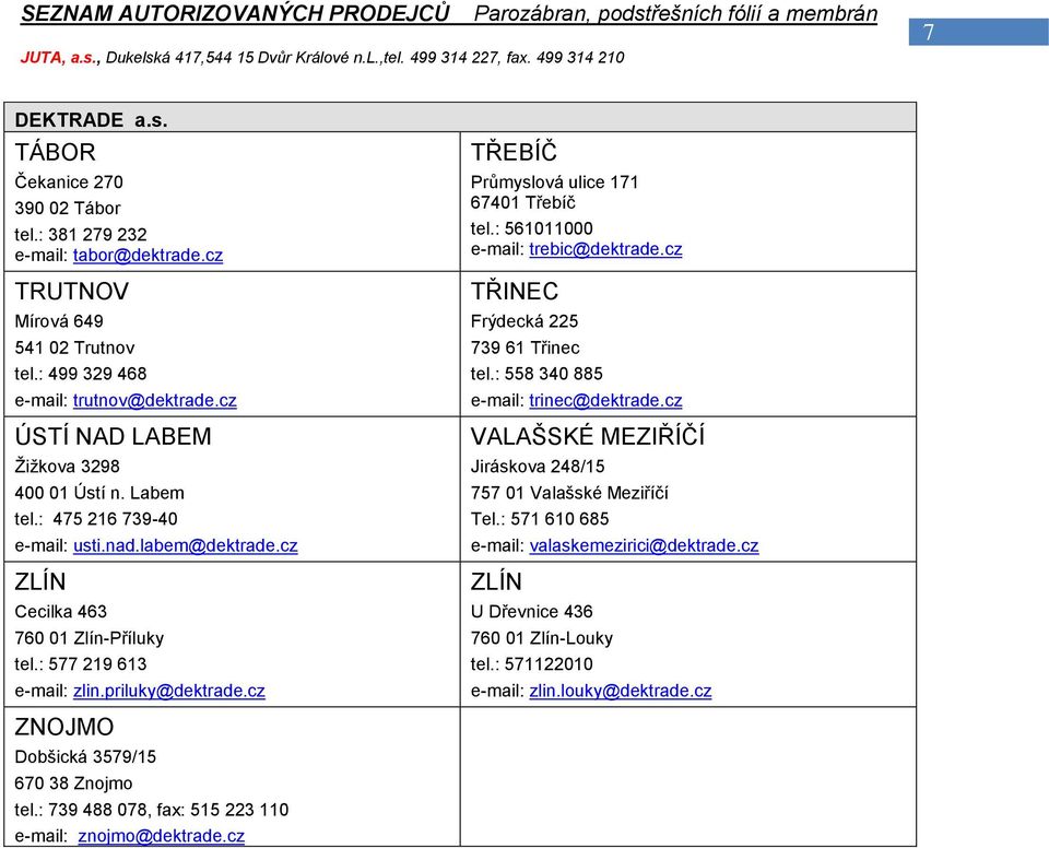 : 561011000 e-mail: trebic@dektrade.cz TŘINEC Frýdecká 225 739 61 Třinec tel.: 558 340 885 e-mail: trinec@dektrade.cz VALAŠSKÉ MEZIŘÍČÍ Jiráskova 248/15 757 01 Valašské Meziříčí Tel.