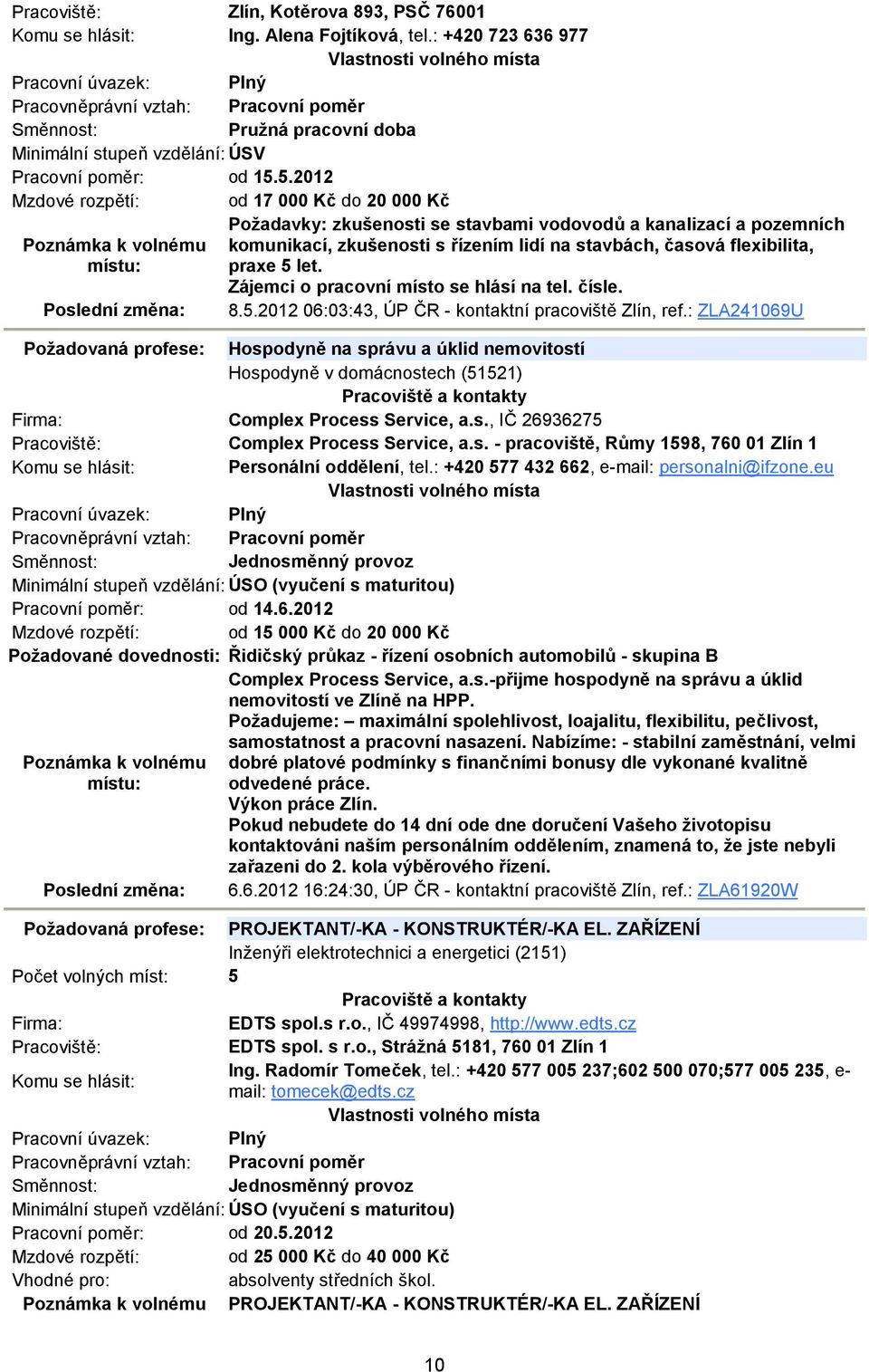 Zájemci o pracovní místo se hlásí na tel. čísle. 8.5.2012 06:03:43, ÚP ČR - kontaktní pracoviště Zlín, ref.