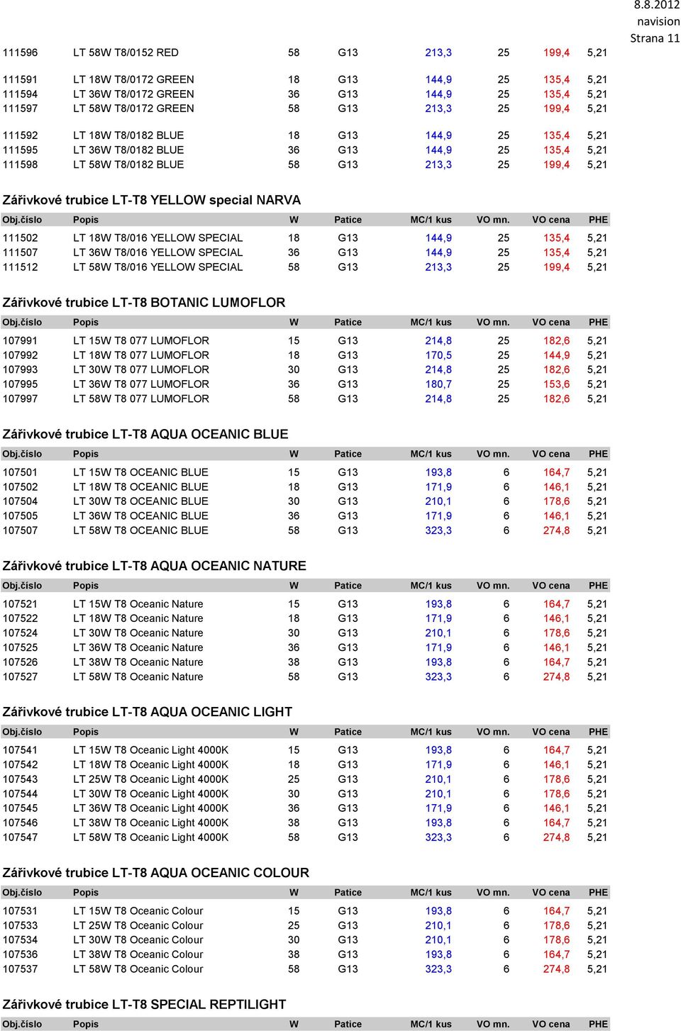 Zářivkové trubice LT-T8 YELLOW special NARVA 111502 LT 18W T8/016 YELLOW SPECIAL 18 G13 144,9 25 135,4 5,21 111507 LT 36W T8/016 YELLOW SPECIAL 36 G13 144,9 25 135,4 5,21 111512 LT 58W T8/016 YELLOW