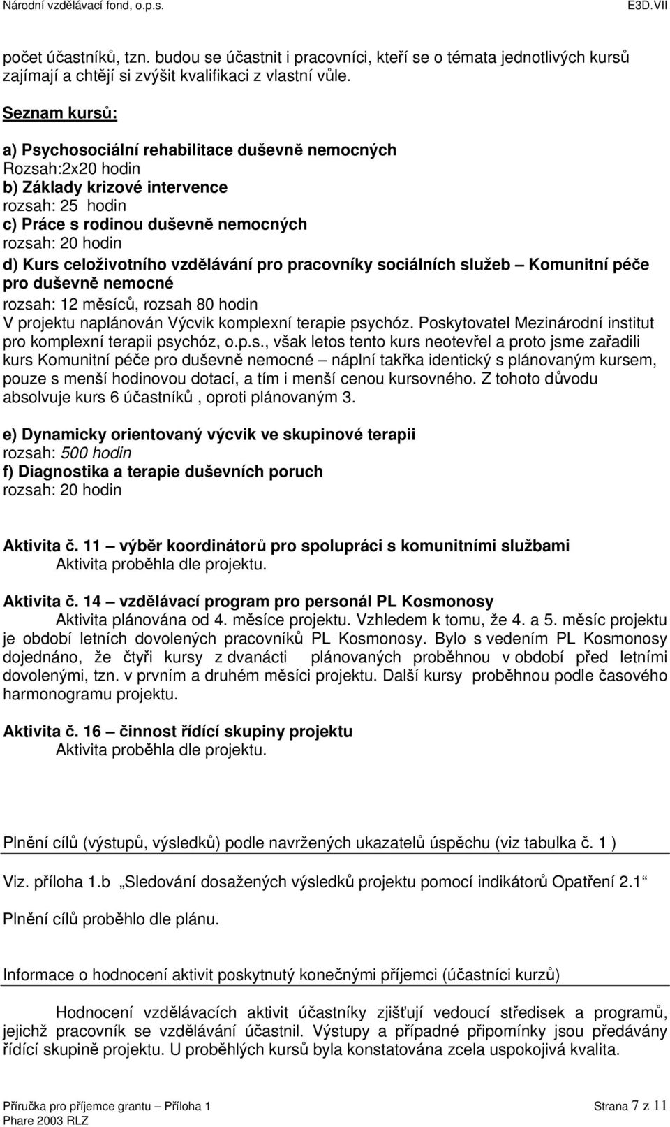 celoživotního vzdělávání pro pracovníky sociálních služeb Komunitní péče pro duševně nemocné rozsah: 12 měsíců, rozsah 80 hodin V projektu naplánován Výcvik komplexní terapie psychóz.