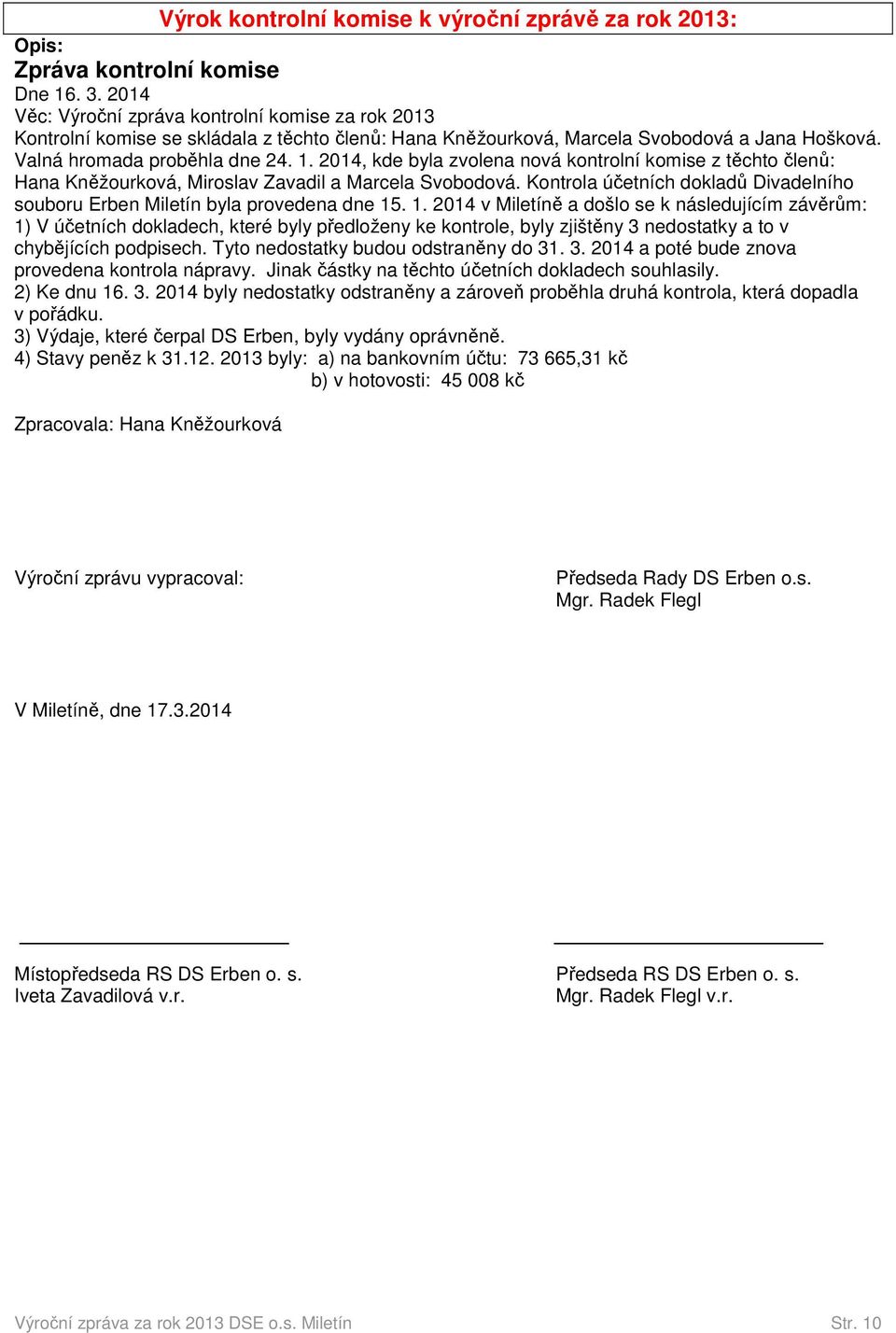 2014, kde byla zvolena nová kontrolní komise z těchto členů: Hana Kněžourková, Miroslav Zavadil a Marcela Svobodová. Kontrola účetních dokladů Divadelního souboru Erben Miletín byla provedena dne 15.