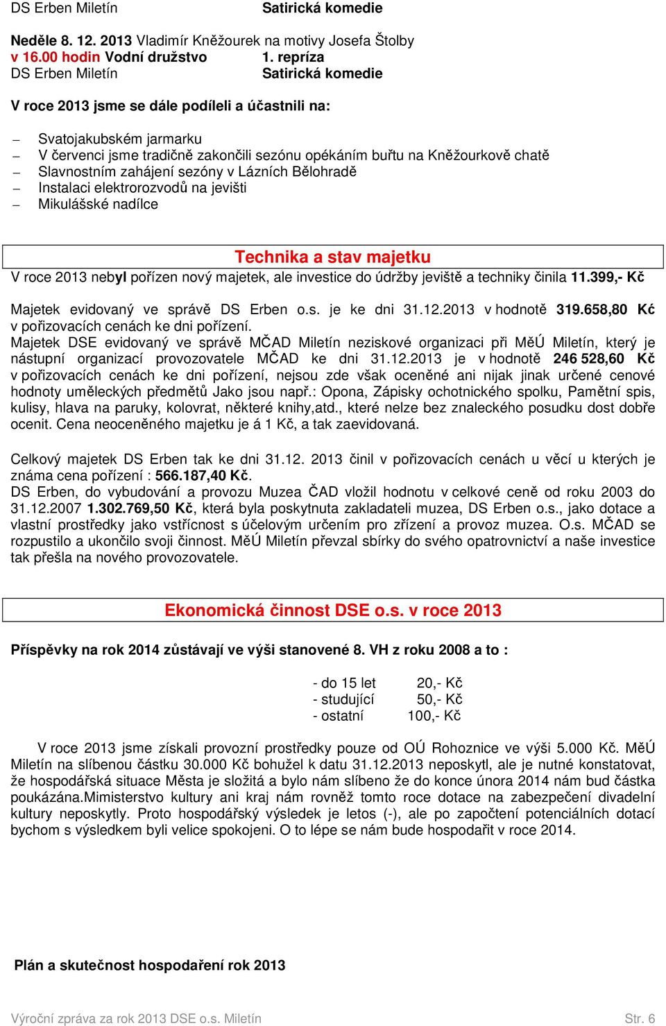 Slavnostním zahájení sezóny v Lázních Bělohradě Instalaci elektrorozvodů na jevišti Mikulášské nadílce Technika a stav majetku V roce 2013 nebyl pořízen nový majetek, ale investice do údržby jeviště