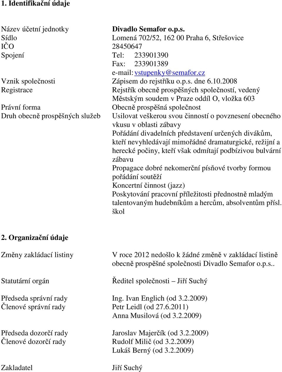 2008 Registrace Rejstřík obecně prospěšných společností, vedený Městským soudem v Praze oddíl O, vložka 603 Právní forma Obecně prospěšná společnost Druh obecně prospěšných služeb Usilovat veškerou