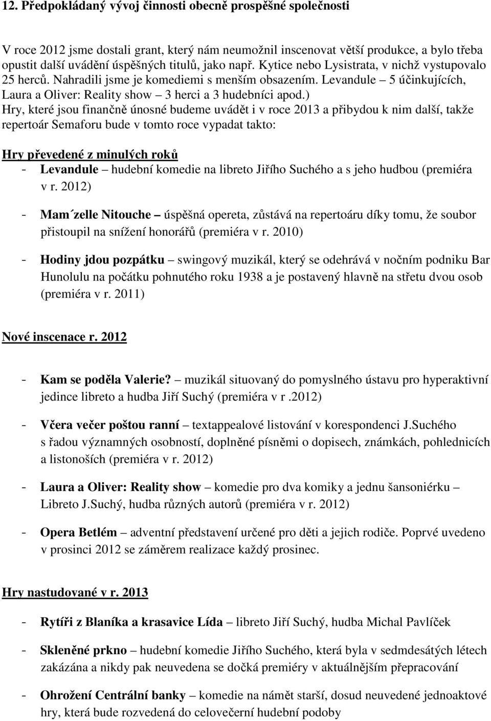 ) Hry, které jsou finančně únosné budeme uvádět i v roce 2013 a přibydou k nim další, takže repertoár Semaforu bude v tomto roce vypadat takto: Hry převedené z minulých roků - Levandule hudební