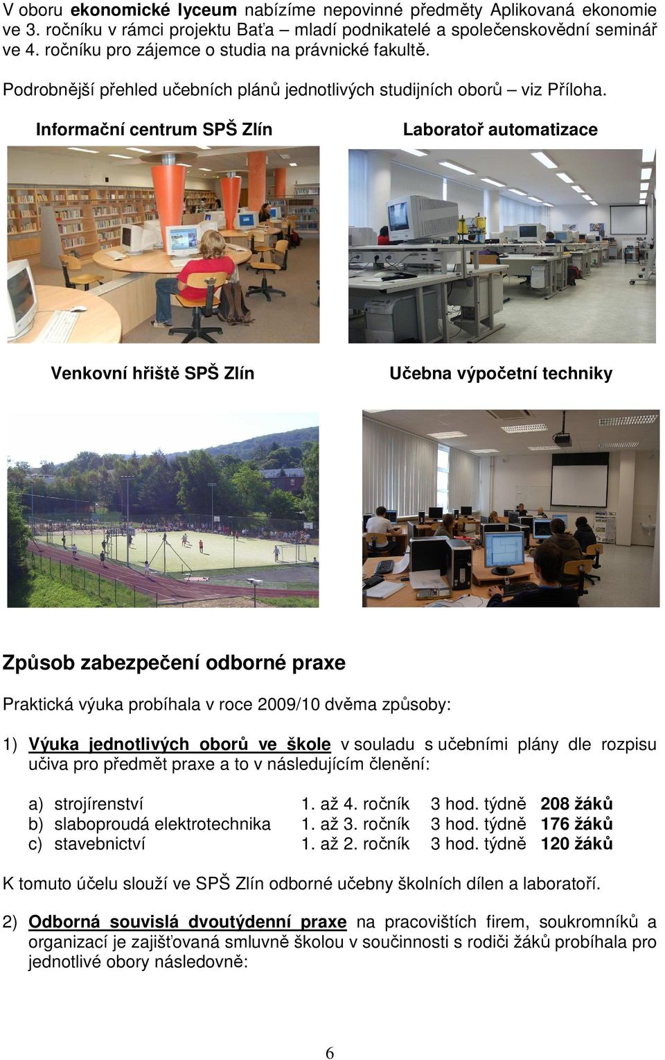 Informační centrum SPŠ Zlín Laboratoř automatizace Venkovní hřiště SPŠ Zlín Učebna výpočetní techniky Způsob zabezpečení odborné praxe Praktická výuka probíhala v roce 2009/10 dvěma způsoby: 1) Výuka