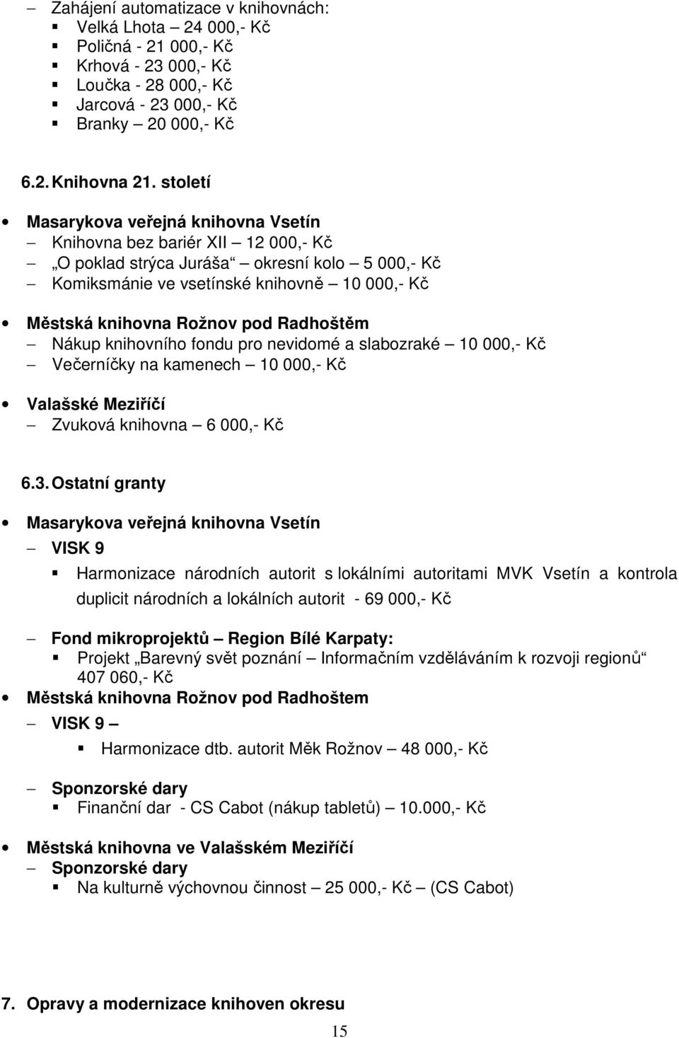 Radhoštěm Nákup knihovního fondu pro nevidomé a slabozraké 10 000,- Kč Večerníčky na kamenech 10 000,- Kč Valašské Meziříčí Zvuková knihovna 6 000,- Kč 6.3.