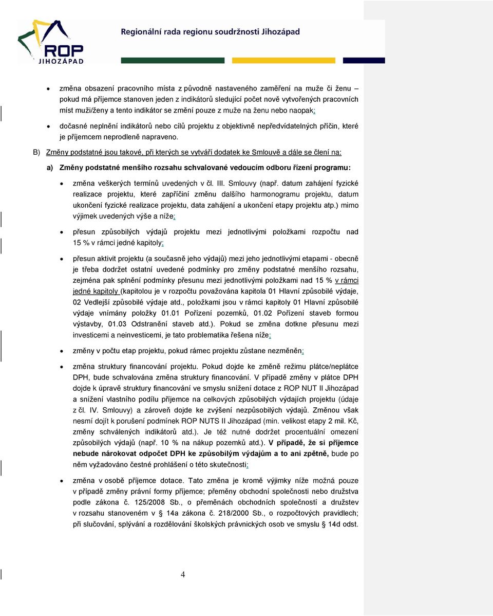 B) Změny podstatné jsou takové, při kterých se vytváří dodatek ke Smlouvě a dále se člení na: a) Změny podstatné menšího rozsahu schvalované vedoucím odboru řízení programu: změna veškerých termínů