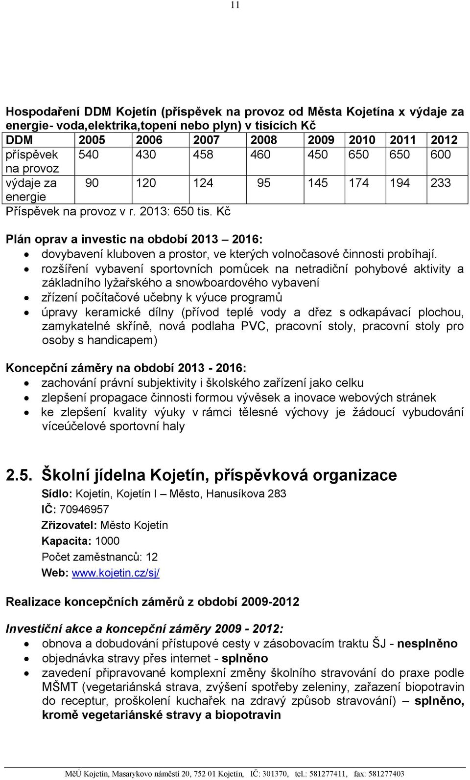 Kč Plán oprav a investic na období 2013 2016: dovybavení kluboven a prostor, ve kterých volnočasové činnosti probíhají.