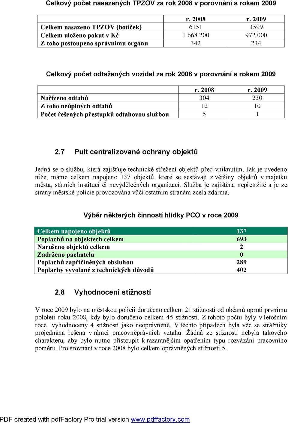 2009 r. 2008 r. 2009 Nařízeno odtahů 304 230 Z toho neúplných odtahů 12 10 Počet řešených přestupků odtahovou službou 5 1 2.