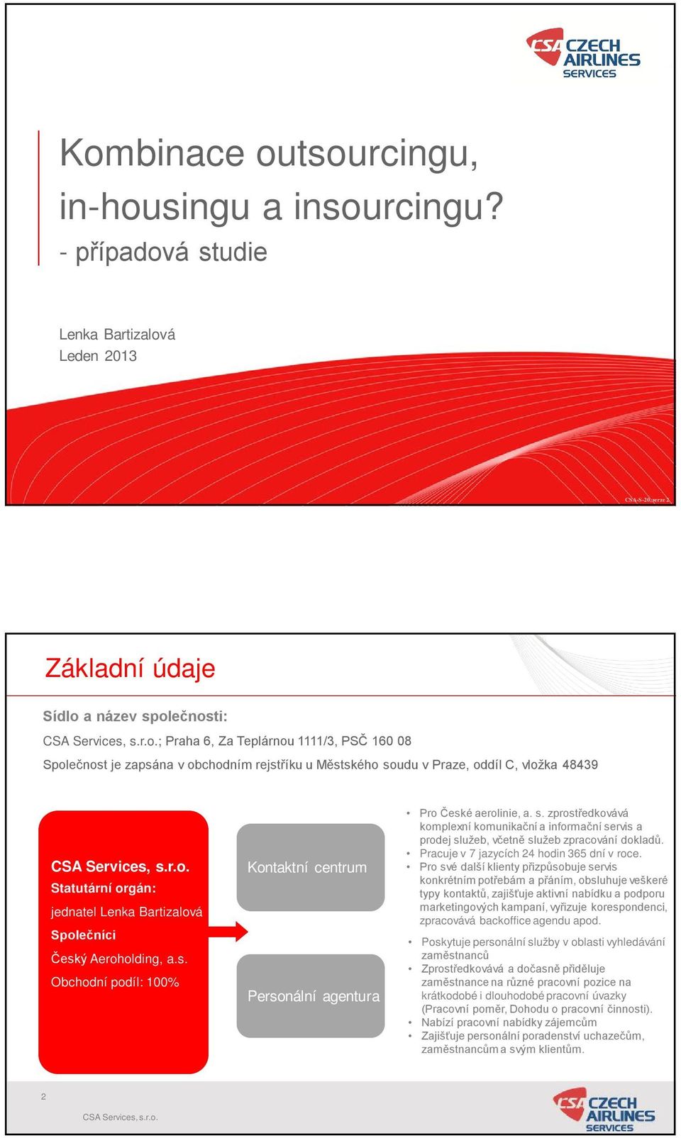 Městského soudu v Praze, oddíl C, vložka 48439 Statutární orgán: jednatel Lenka Bartizalová Společníci Český Aeroholding, a.s. Obchodní podíl: 100% Kontaktní centrum Personální agentura Pro České aerolinie, a.