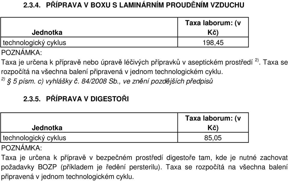 přípravků v aseptickém prostředí 2). Taxa se rozpočítá na všechna balení připravená v jednom technologickém cyklu. 2) 5 písm. c) vyhlášky č. 84/2008 Sb.