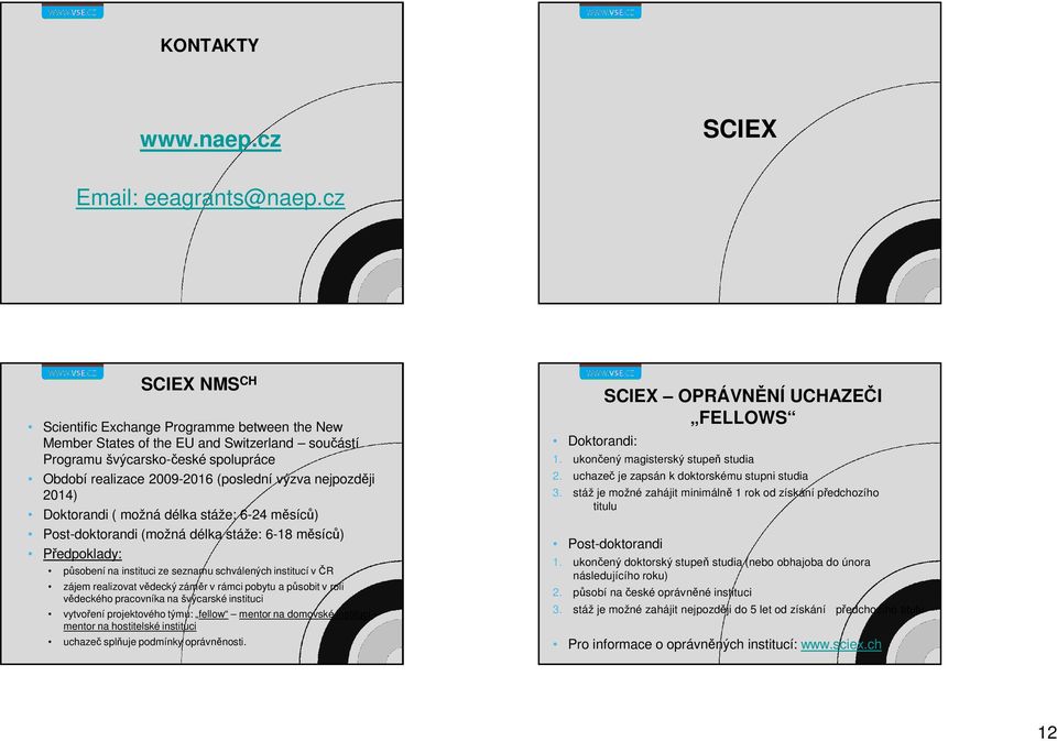 nejpozději 2014) Doktorandi ( možná délka stáže: 6-24 měsíců) Post-doktorandi (možná délka stáže: 6-18 měsíců) Předpoklady: působení na instituci ze seznamu schválených institucí v ČR zájem