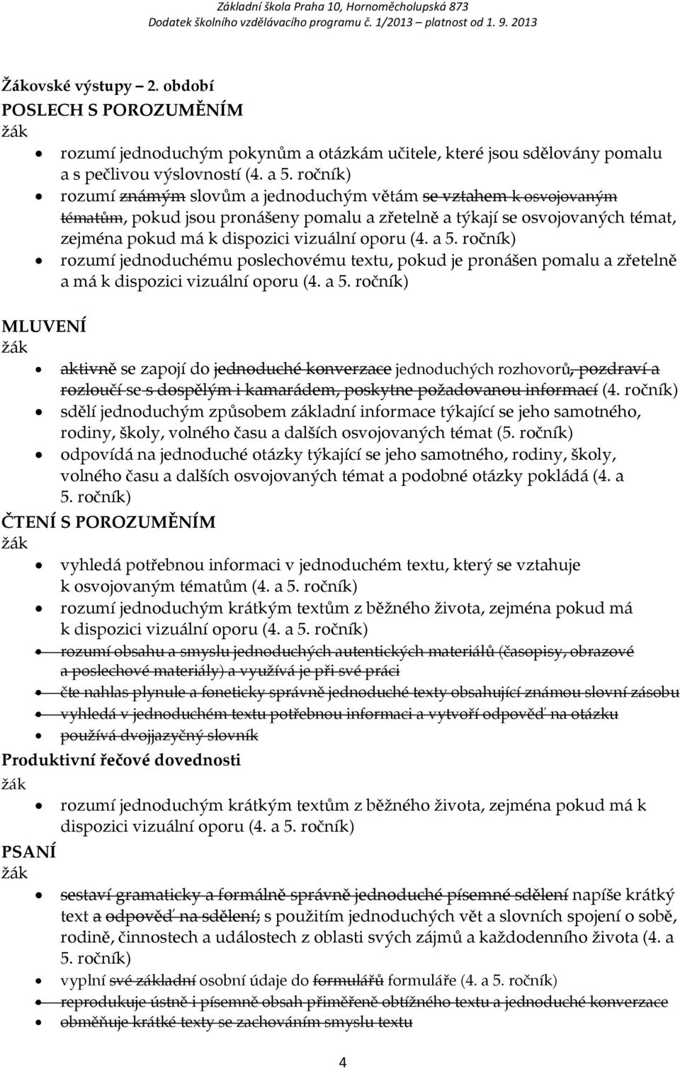 (4. a 5. ročník) rozumí jednoduchému poslechovému textu, pokud je pronášen pomalu a zřetelně a má k dispozici vizuální oporu (4. a 5. ročník) MLUVENÍ aktivně se zapojí do jednoduché konverzace jednoduchých rozhovorů, pozdraví a rozloučí se s dospělým i kamarádem, poskytne požadovanou informací (4.