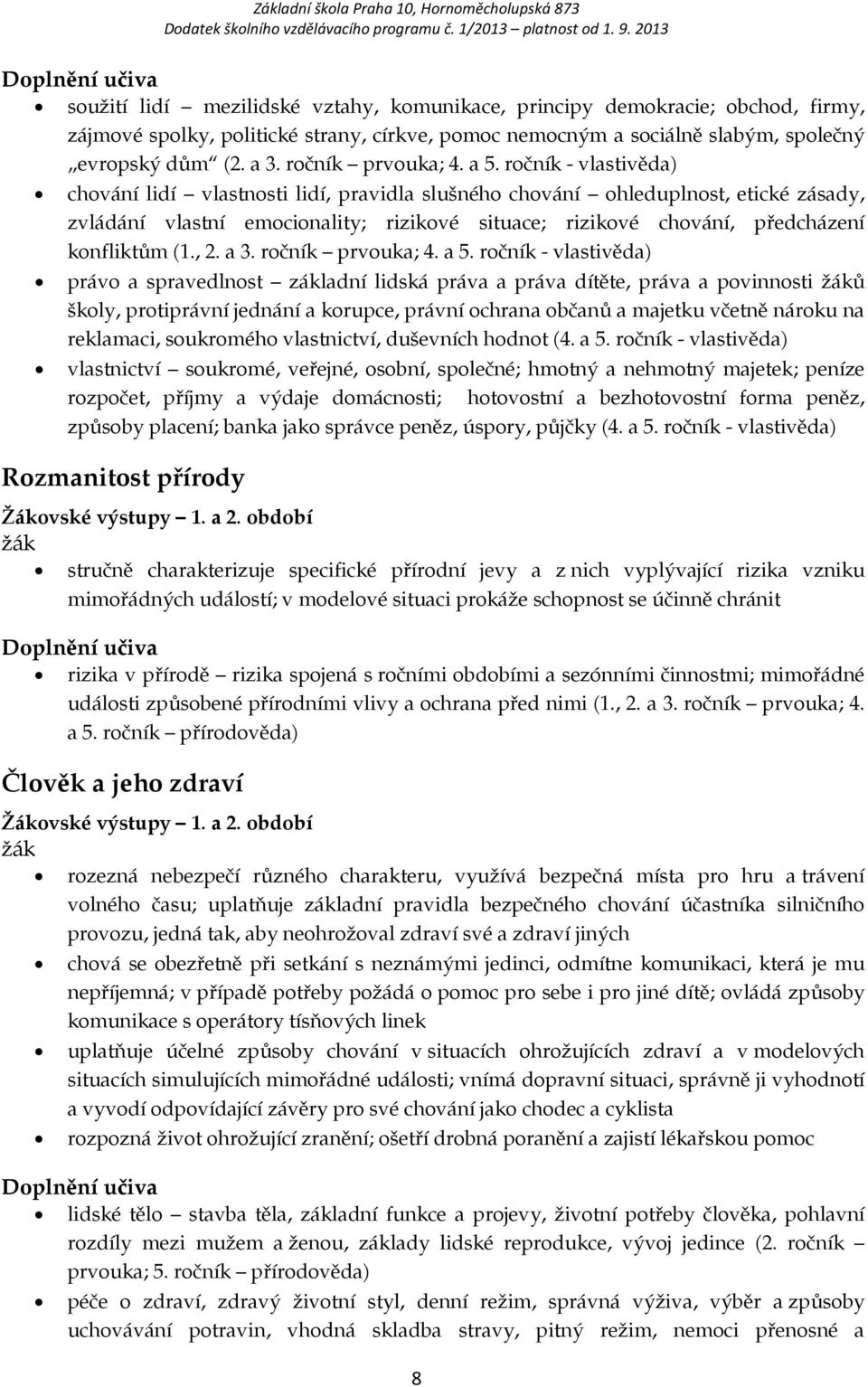 ročník - vlastivěda) chování lidí vlastnosti lidí, pravidla slušného chování ohleduplnost, etické zásady, zvládání vlastní emocionality; rizikové situace; rizikové chování, předcházení konfliktům (1.