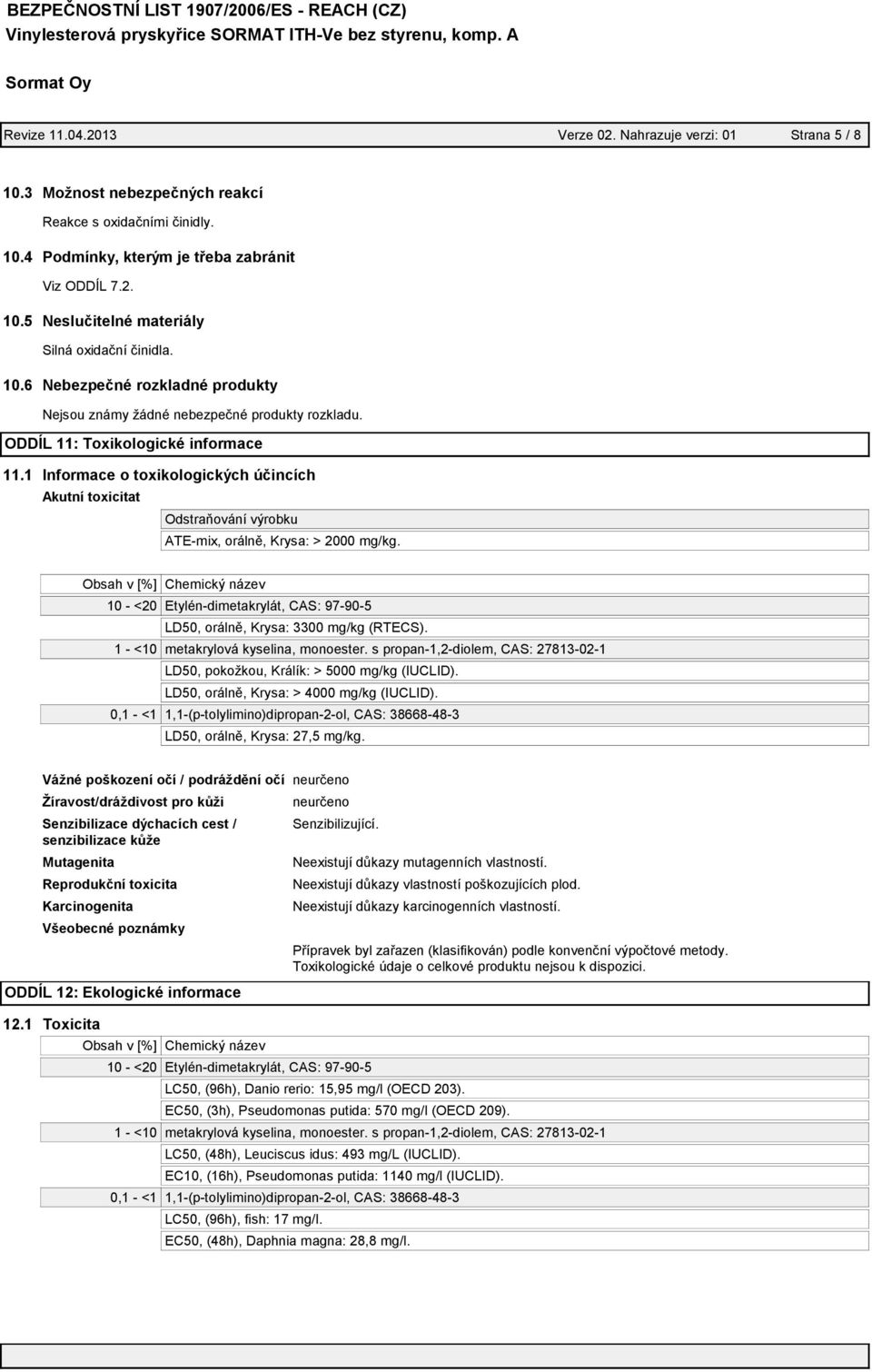 1 Informace o toxikologických účincích Akutní toxicitat Odstraňování výrobku ATE-mix, orálně, Krysa: > 2000 mg/kg.