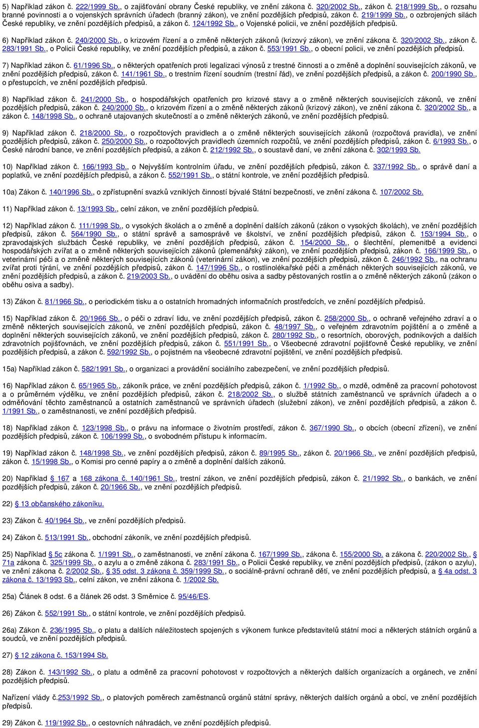 , o ozbrojených silách České republiky, ve znění pozdějších předpisů, a zákon č. 124/1992 Sb., o Vojenské policii, ve znění pozdějších předpisů. 6) Například zákon č. 240/2000 Sb.