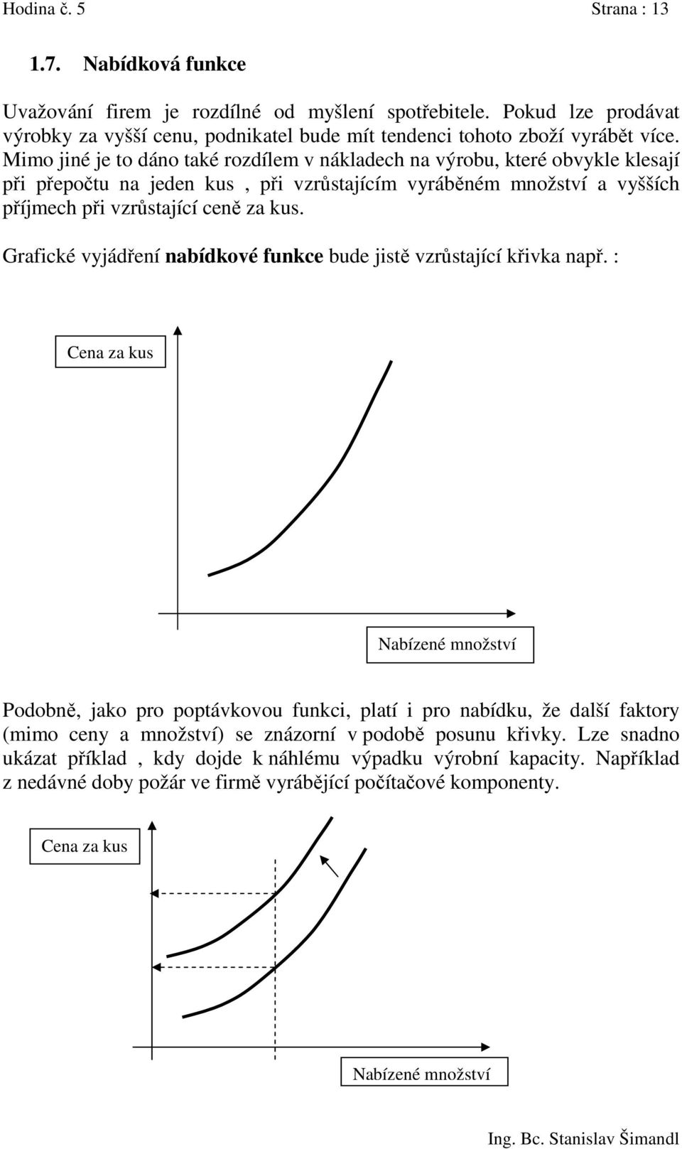 Grafické vyjádření nabídkové funkce bude jistě vzrůstající křivka např.