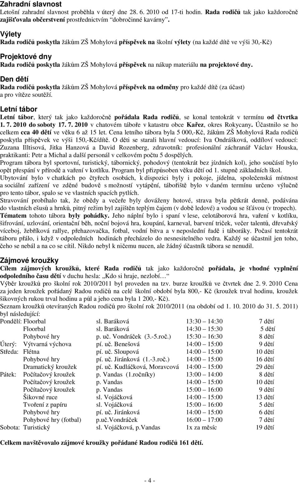 projektové dny. Den dětí Rada rodičů poskytla žákům ZŠ Mohylová příspěvek na odměny pro každé dítě (za účast) a pro vítěze soutěží.