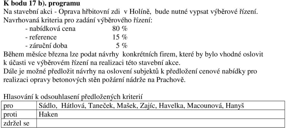 firem, které by bylo vhodné oslovit k účasti ve výběrovém řízení na realizaci této stavební akce.