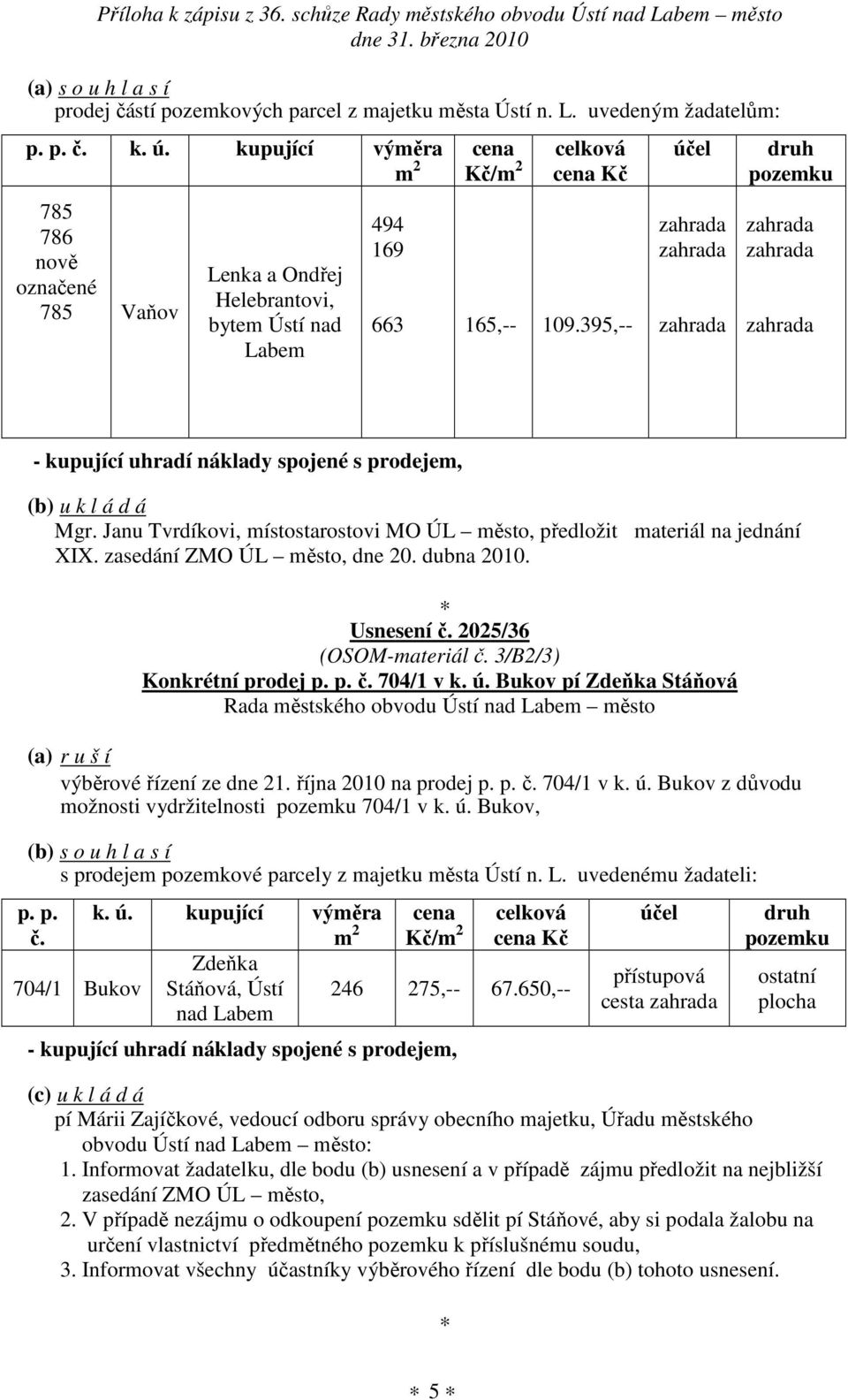 395,-- účel druh pozemku - kupující uhradí náklady spojené s prodejem, Mgr. Janu Tvrdíkovi, místostarostovi MO ÚL město, předložit materiál na jednání XIX. zasedání ZMO ÚL město, dne 20. dubna 2010.