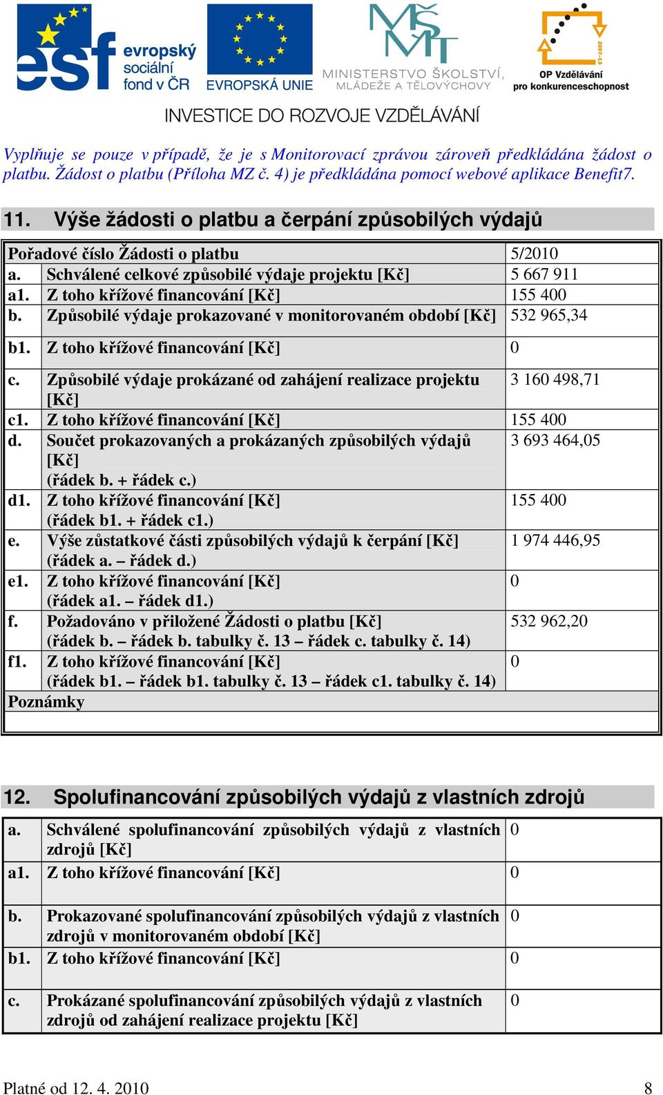 Způsobilé výdaje prokazované v monitorovaném období [Kč] 532 965,34 b1. Z toho křížové financování [Kč] c. Způsobilé výdaje prokázané od zahájení realizace projektu 3 16 498,71 [Kč] c1.