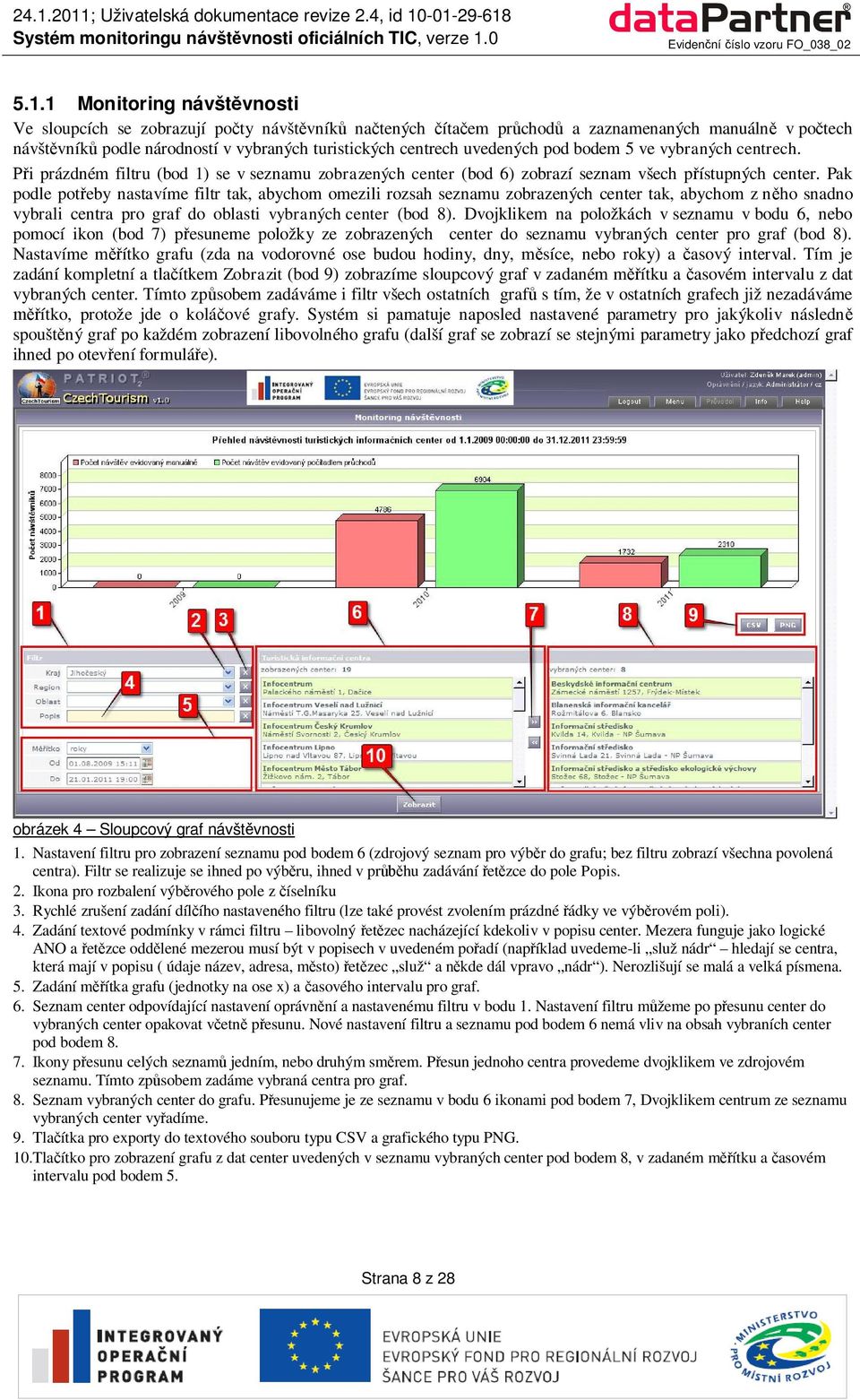 Pak podle poteby nastavíme filtr tak, abychom omezili rozsah seznamu zobrazených center tak, abychom z nho snadno vybrali centra pro graf do oblasti vybraných center (bod 8).