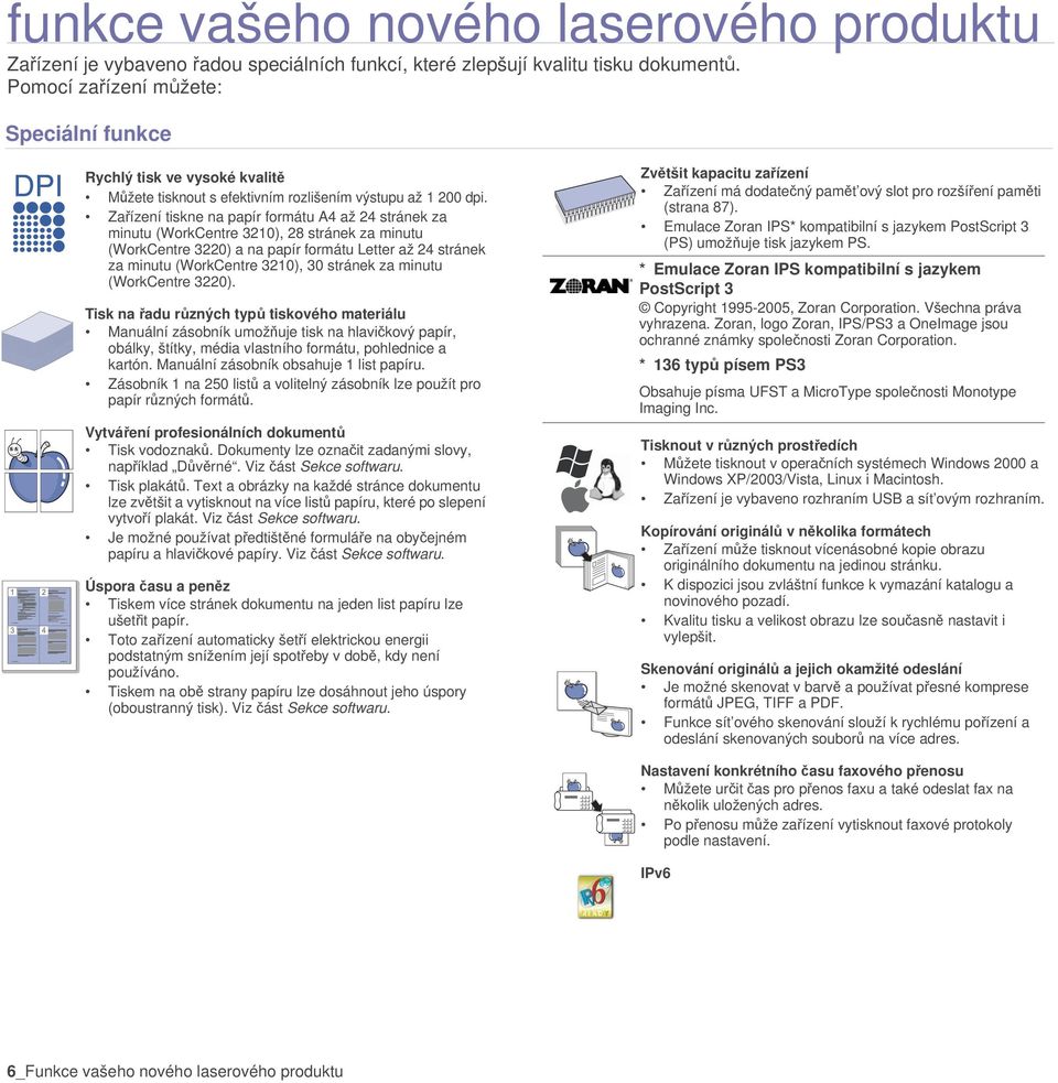 Zařízení tiskne na papír formátu A4 až 24 stránek za minutu (WorkCentre 3210), 28 stránek za minutu (WorkCentre 3220) a na papír formátu Letter až 24 stránek za minutu (WorkCentre 3210), 30 stránek