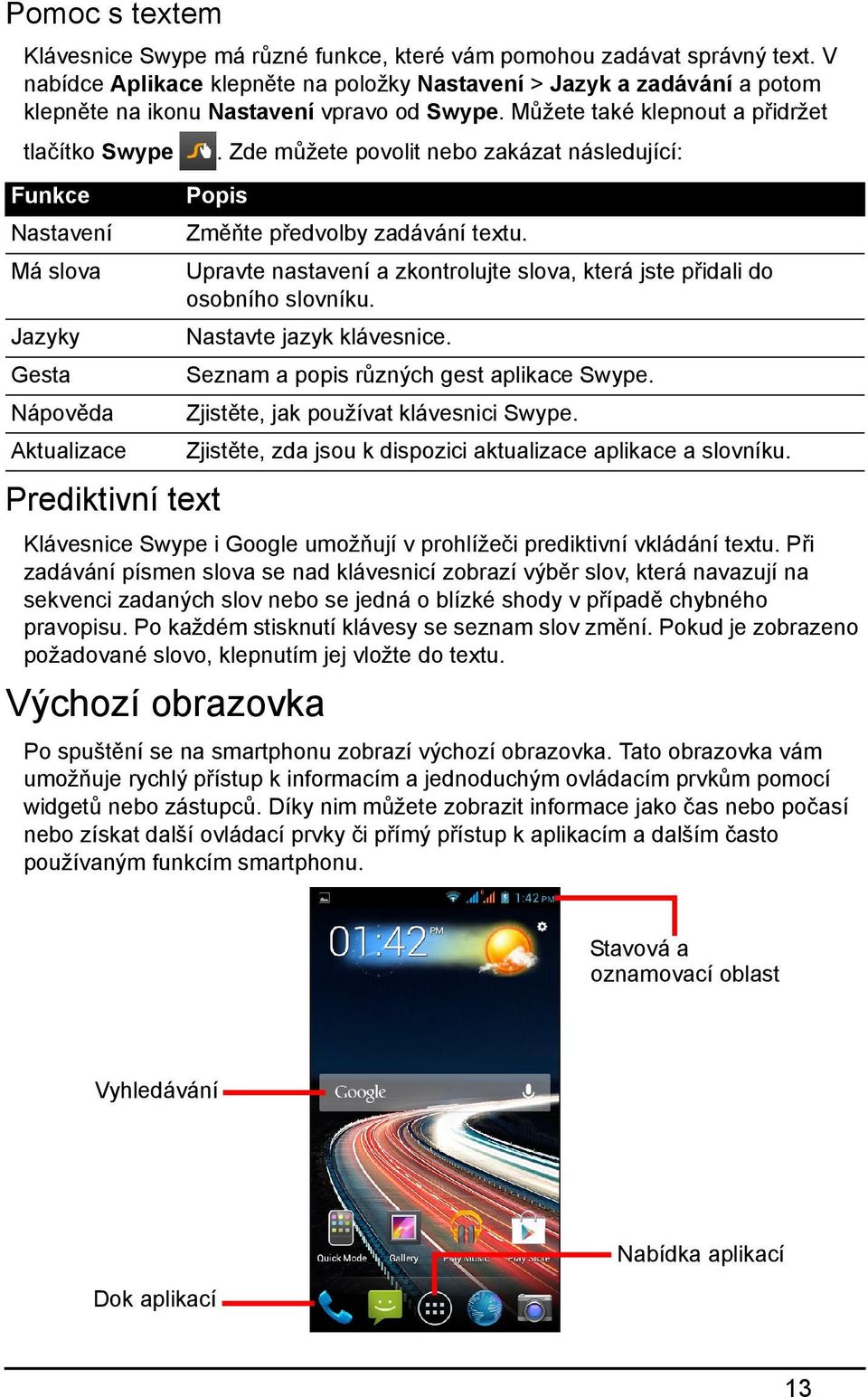 Můžete také klepnout a přidržet tlačítko Swype Funkce Nastavení Má slova Jazyky Gesta Nápověda Aktualizace Prediktivní text.