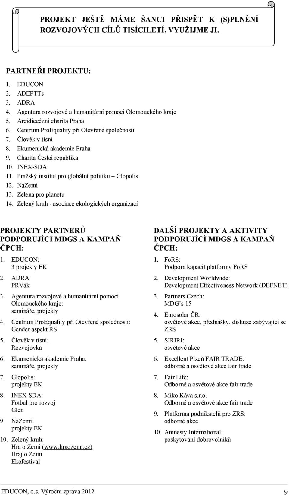 Pražský institut pro globální politiku Glopolis 12. NaZemi 13. Zelená pro planetu 14. Zelený kruh - asociace ekologických organizací PROJEKTY PARTNERŮ PODPORUJÍCÍ MDGS A KAMPAŇ ČPCH: 1.