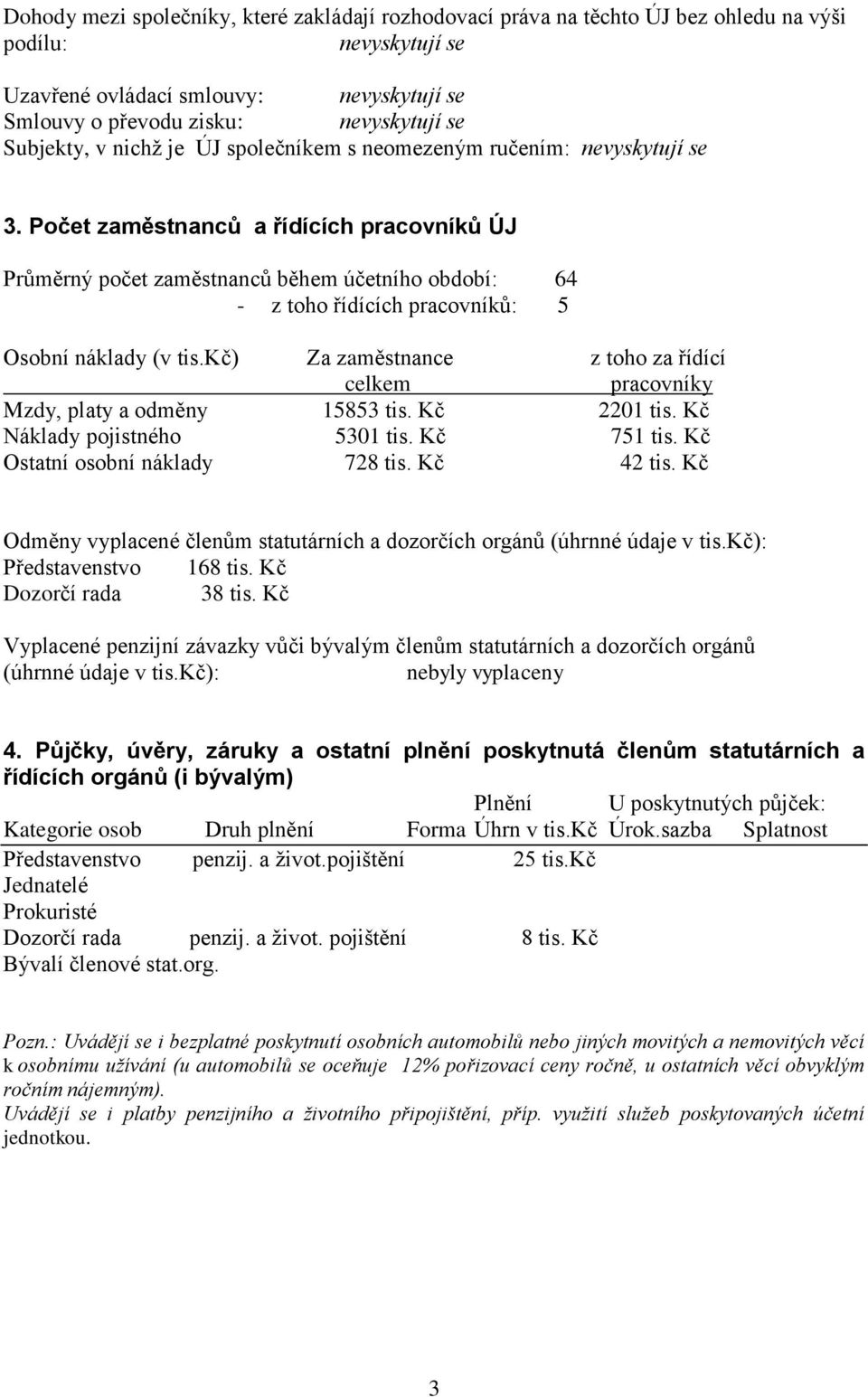 Počet zaměstnanců a řídících pracovníků ÚJ Průměrný počet zaměstnanců během účetního období: 64 - z toho řídících pracovníků: 5 Osobní náklady (v tis.