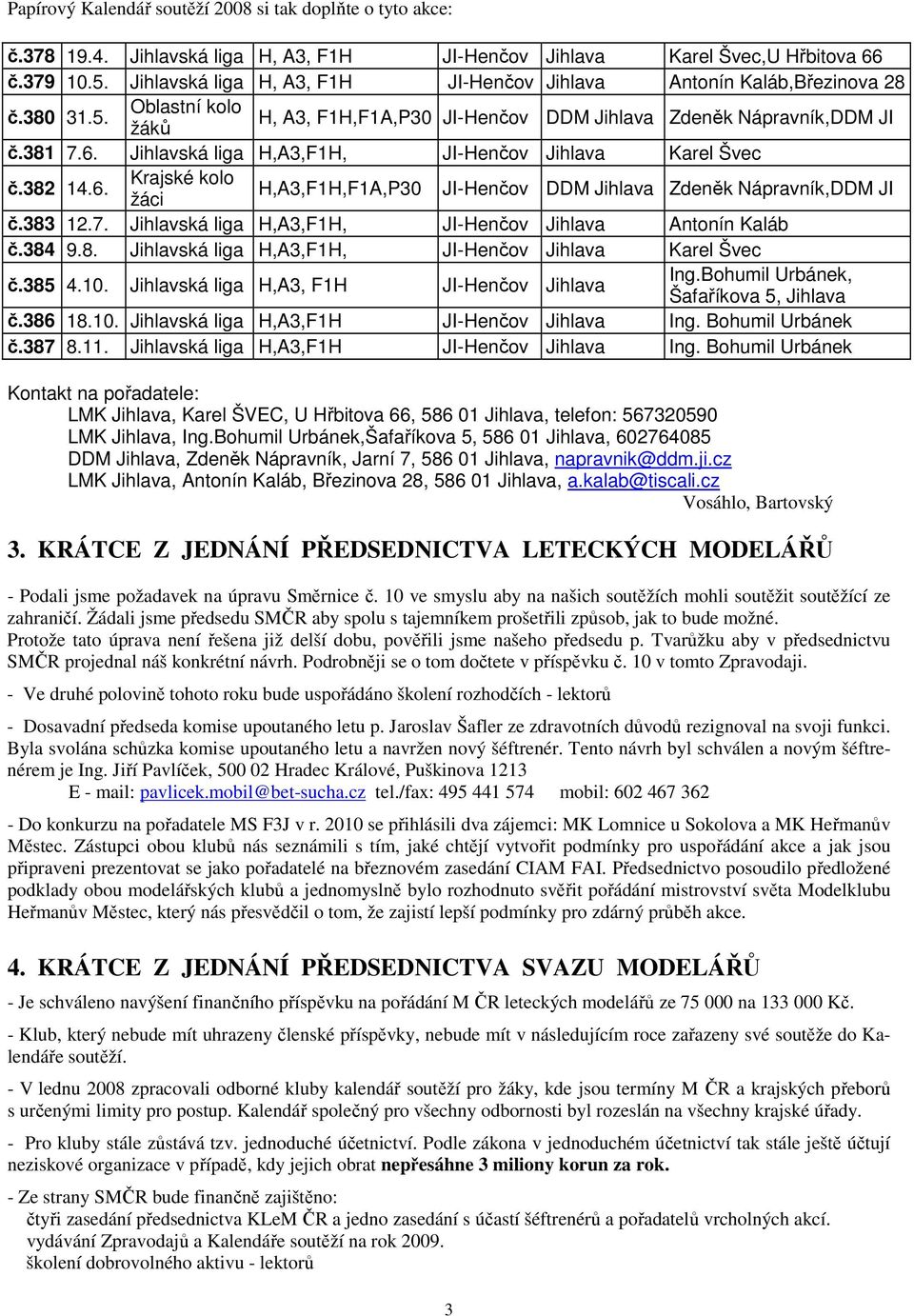 Jihlavská liga H,A3,F1H, JI-Henčov Jihlava Karel Švec č.382 14.6. Krajské kolo žáci H,A3,F1H,F1A,P30 JI-Henčov DDM Jihlava Zdeněk Nápravník,DDM JI č.383 12.7.