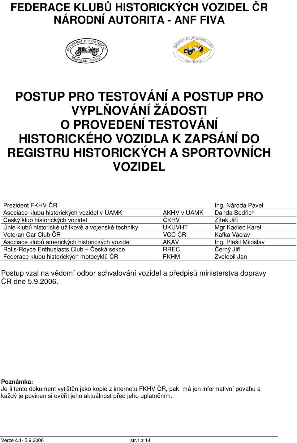 Národa Pavel Asociace klubů historických vozidel v ÚAMK AKHV v UAMK Danda Bedřich Český klub historických vozidel ČKHV Zítek Jiří Únie klubů historické užitkové a vojenské techniky UKUVHT Mgr.