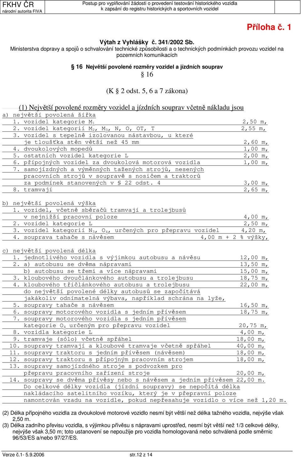odst. 5, 6 a 7 zákona) (1) Největší povolené rozměry vozidel a jízdních souprav včetně nákladu jsou a) největší povolená šířka 1. vozidel kategorie M 1 2,50 m, 2.