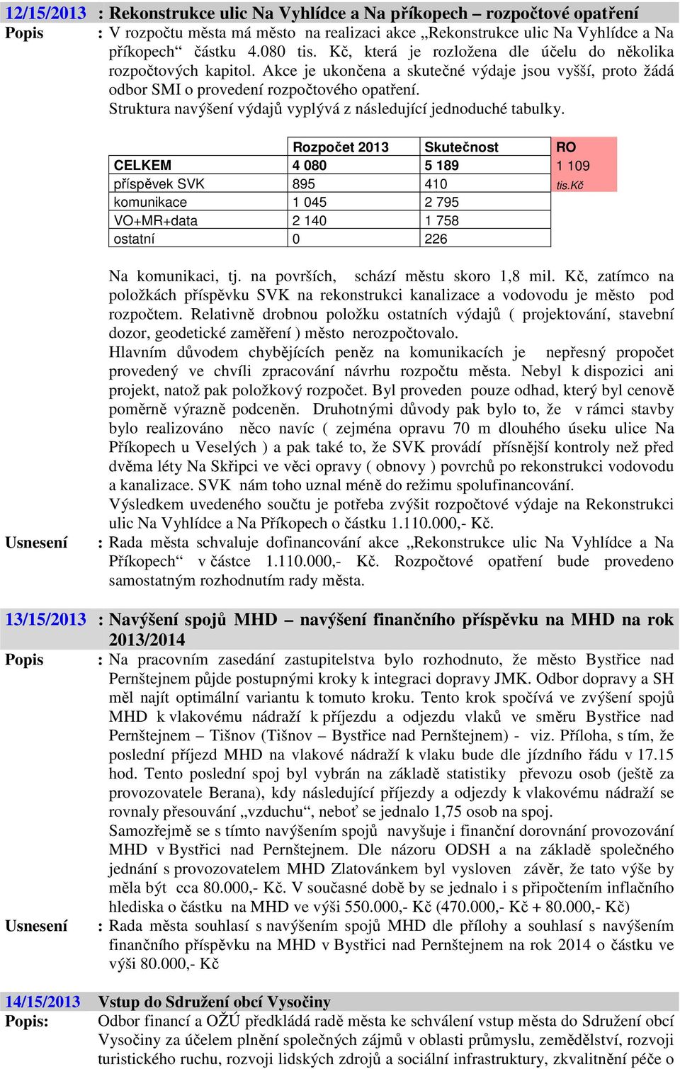 Struktura navýšení výdajů vyplývá z následující jednoduché tabulky. Rozpočet 2013 Skutečnost RO CELKEM 4 080 5 189 1 109 příspěvek SVK 895 410 tis.