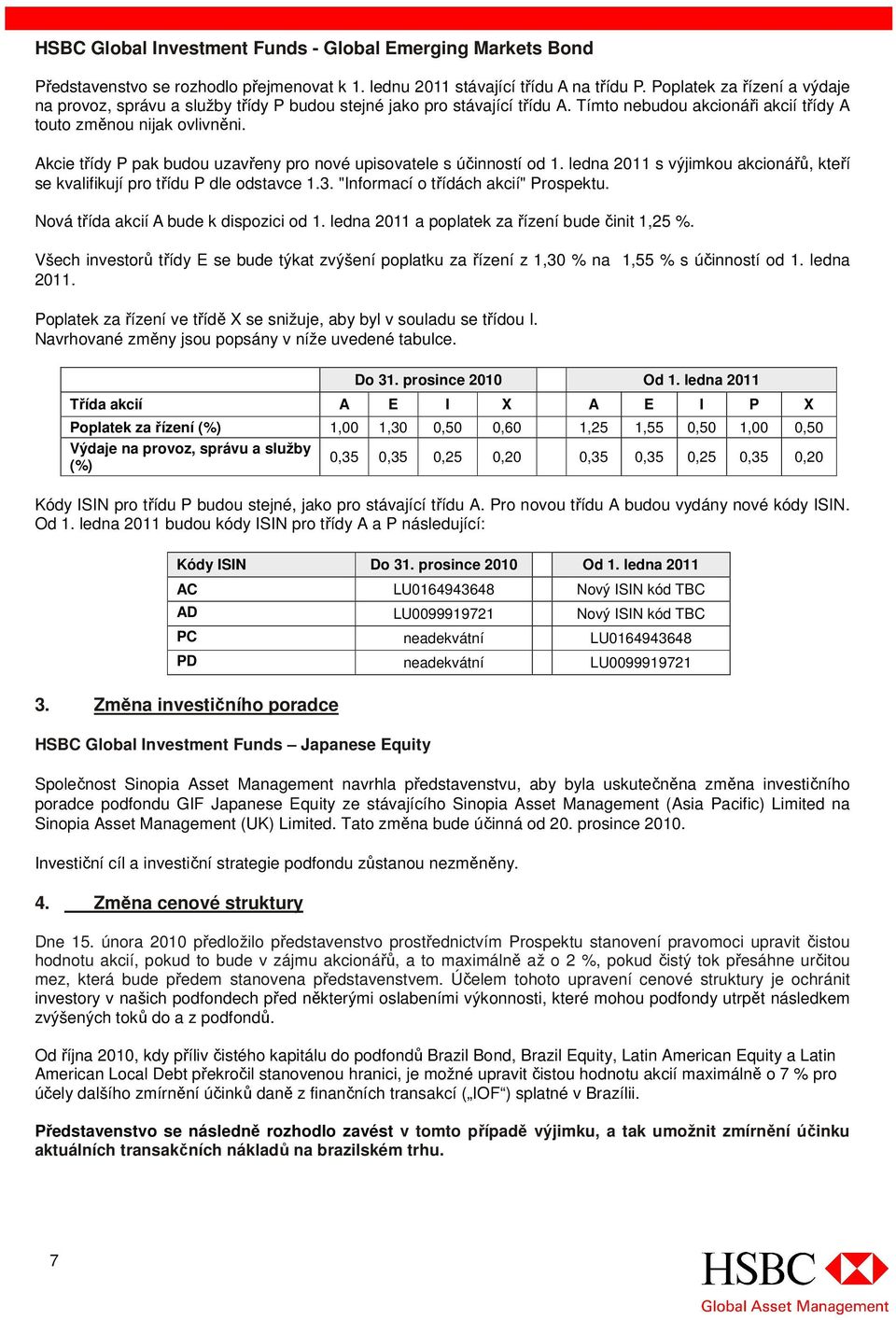 Akcie třídy P pak budou uzavřeny pro nové upisovatele s účinností od 1. ledna 2011 s výjimkou akcionářů, kteří se kvalifikují pro třídu P dle odstavce 1.3. "Informací o třídách akcií" Prospektu.