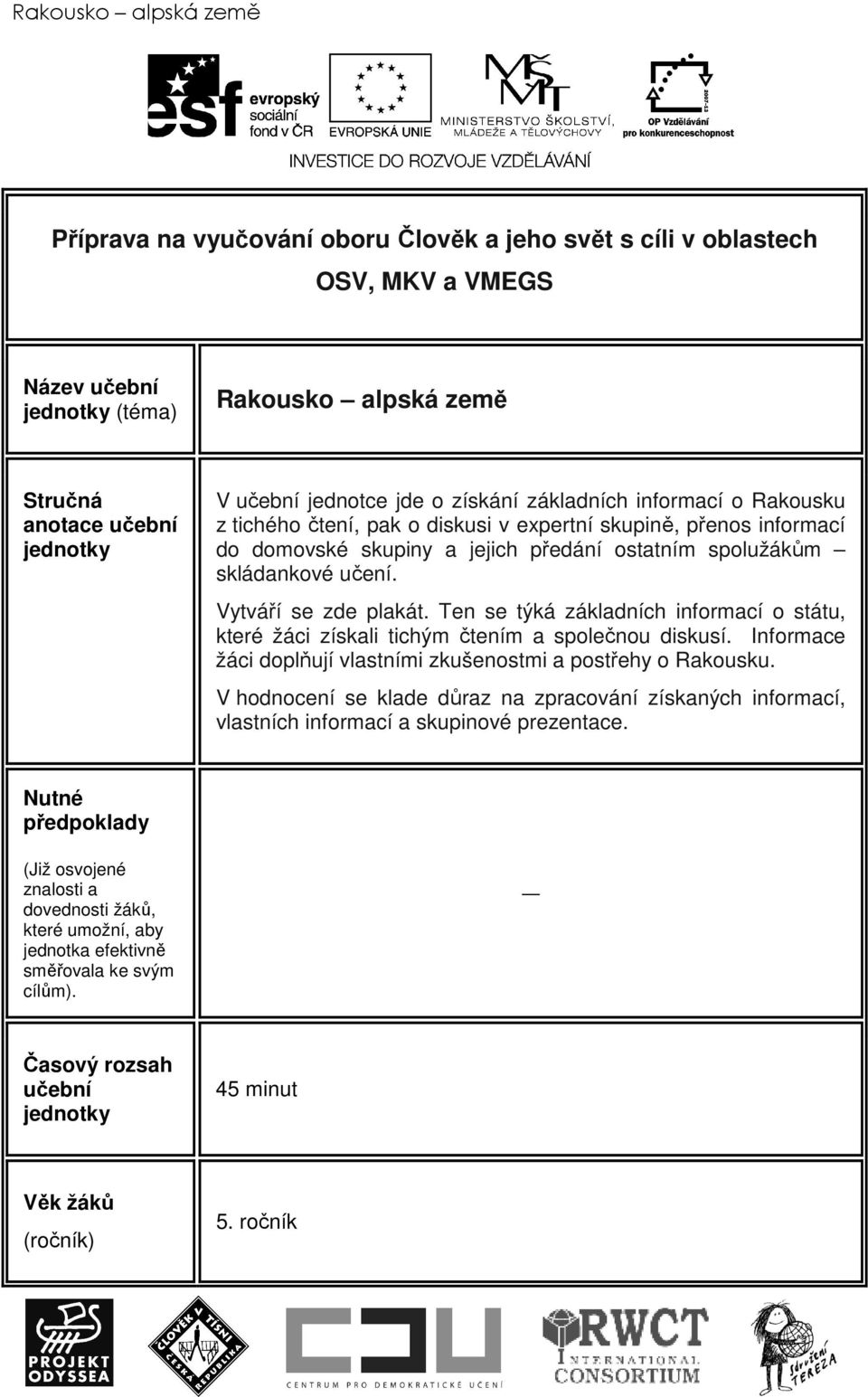 Vytváří se zde plakát. Ten se týká základních informací o státu, které žáci získali tichým čtením a společnou diskusí. Informace žáci doplňují vlastními zkušenostmi a postřehy o Rakousku.