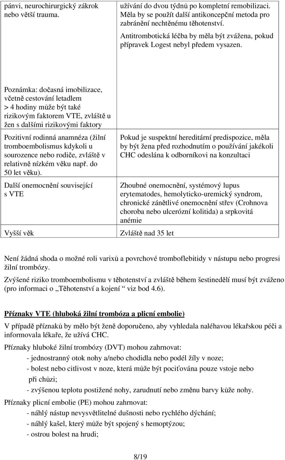 Poznámka: dočasná imobilizace, včetně cestování letadlem > 4 hodiny může být také rizikovým faktorem VTE, zvláště u žen s dalšími rizikovými faktory Pozitivní rodinná anamnéza (žilní tromboembolismus