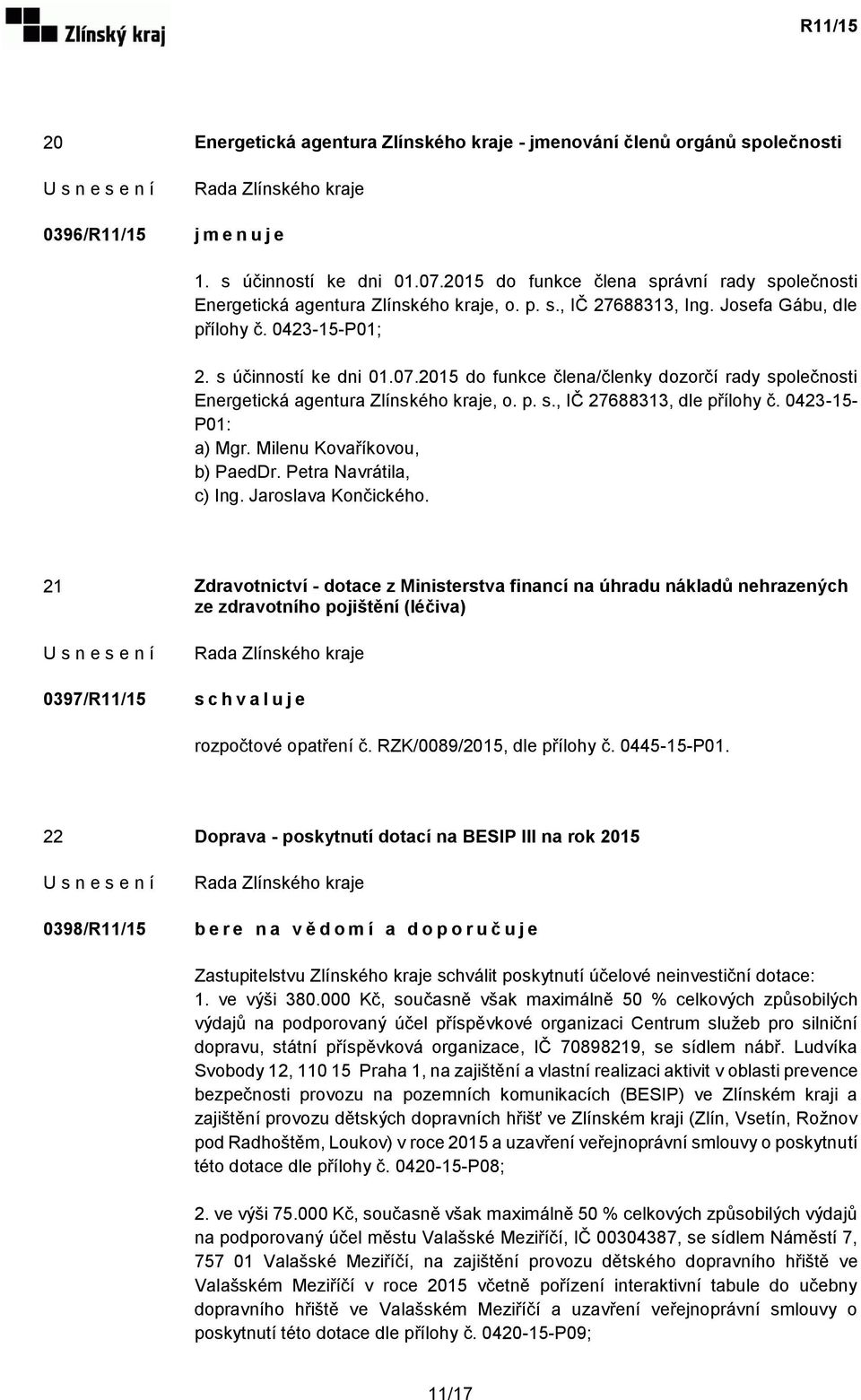 2015 do funkce člena/členky dozorčí rady společnosti Energetická agentura Zlínského kraje, o. p. s., IČ 27688313, dle přílohy č. 0423-15- P01: a) Mgr. Milenu Kovaříkovou, b) PaedDr.