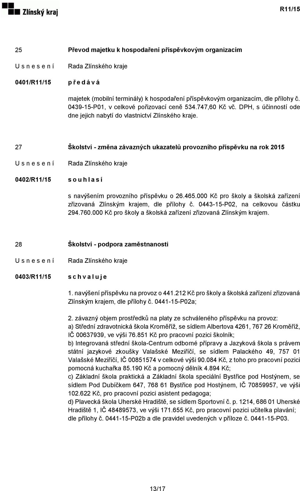 27 Školství - změna závazných ukazatelů provozního příspěvku na rok 2015 0402/R11/15 s o u h l a s í s navýšením provozního příspěvku o 26.465.