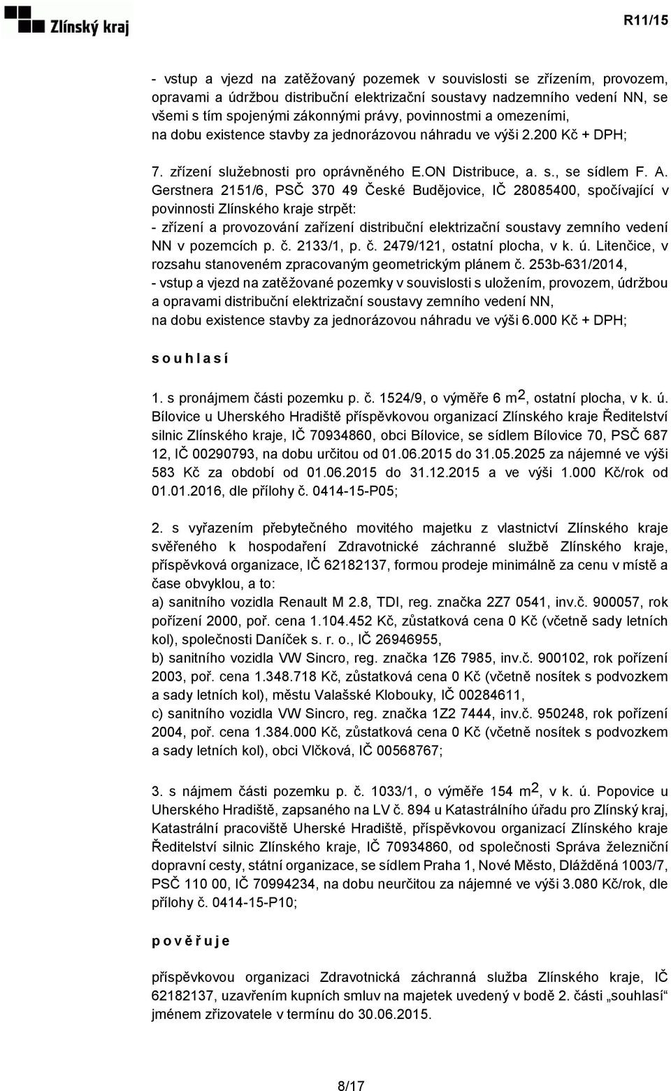 Gerstnera 2151/6, PSČ 370 49 České Budějovice, IČ 28085400, spočívající v povinnosti Zlínského kraje strpět: - zřízení a provozování zařízení distribuční elektrizační soustavy zemního vedení NN v