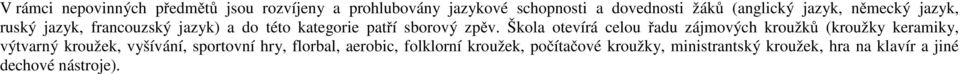 Škola otevírá celou řadu zájmových kroužků (kroužky keramiky, výtvarný kroužek, vyšívání, sportovní hry,