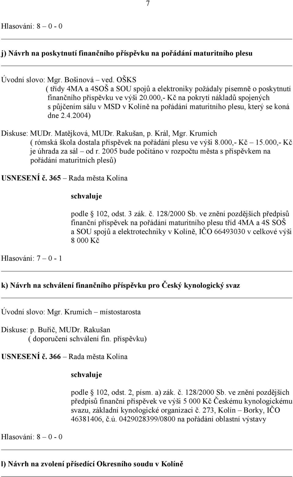 000,- Kč na pokrytí nákladů spojených s půjčením sálu v MSD v Kolíně na pořádání maturitního plesu, který se koná dne 2.4.2004) Diskuse: MUDr. Matějková, MUDr. Rakušan, p. Král, Mgr.