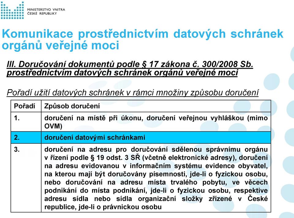 3 SŘ (včetně elektronické adresy), doručení na adresu evidovanou v informačním systému evidence obyvatel, na kterou mají být doručovány písemnosti, jde-li o fyzickou osobu, nebo doručování