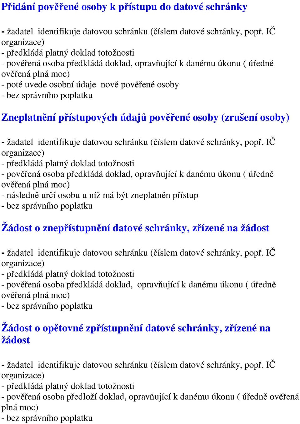 určí osobu u níž má být zneplatněn přístup Žádost o znepřístupnění datové schránky, zřízené na žádost - pověřená osoba předkládá doklad, opravňující k danému