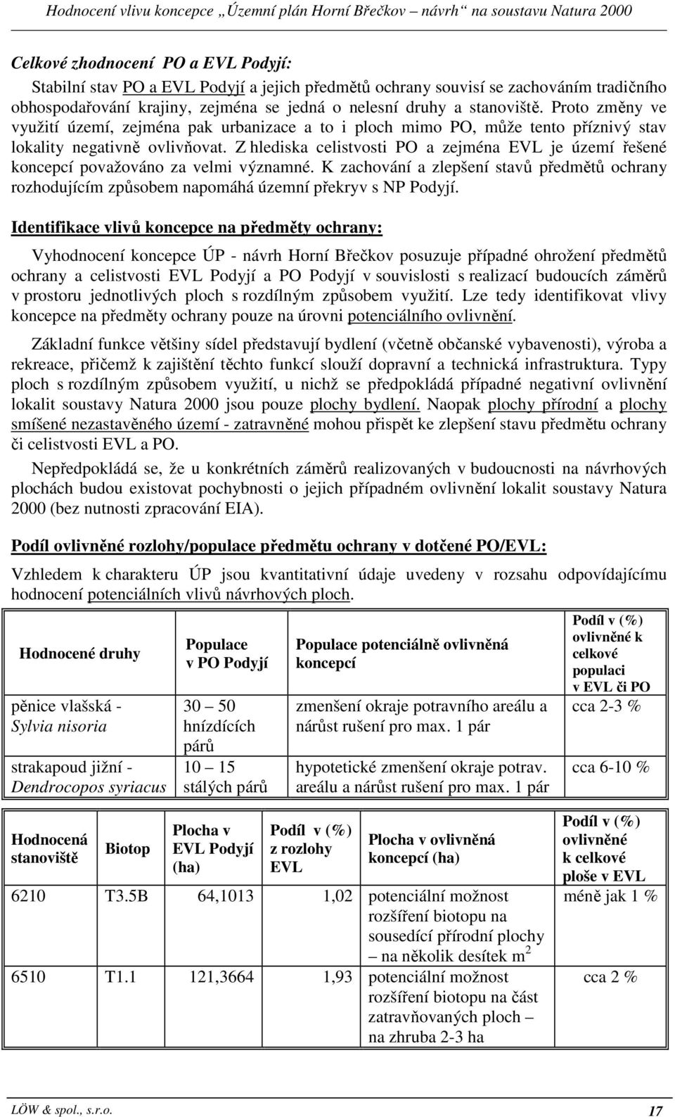 Z hlediska celistvosti PO a zejména EVL je území řešené koncepcí považováno za velmi významné. K zachování a zlepšení stavů předmětů ochrany rozhodujícím způsobem napomáhá územní překryv s NP Podyjí.