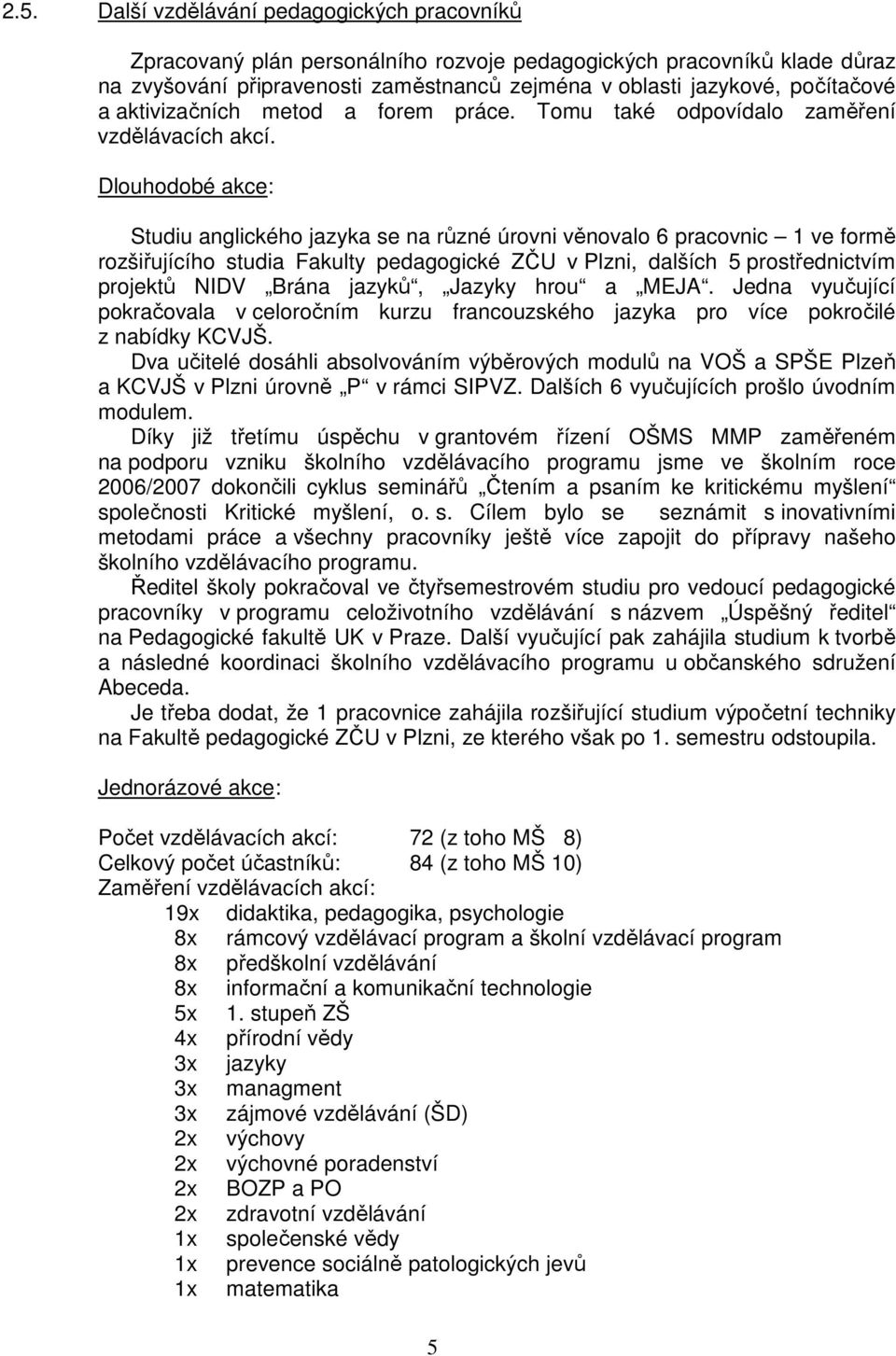 Dlouhodobé akce: Studiu anglického jazyka se na různé úrovni věnovalo 6 pracovnic 1 ve formě rozšiřujícího studia Fakulty pedagogické ZČU v Plzni, dalších 5 prostřednictvím projektů NIDV Brána