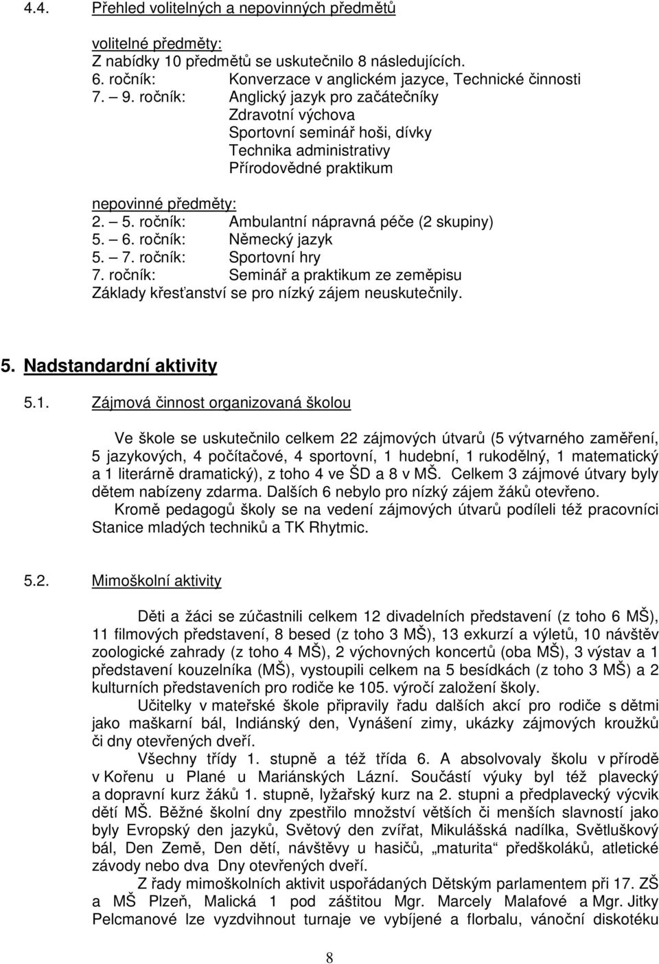 ročník: Ambulantní nápravná péče (2 skupiny) 5. 6. ročník: Německý jazyk 5. 7. ročník: Sportovní hry 7. ročník: Seminář a praktikum ze zeměpisu Základy křesťanství se pro nízký zájem neuskutečnily. 5. Nadstandardní aktivity 5.