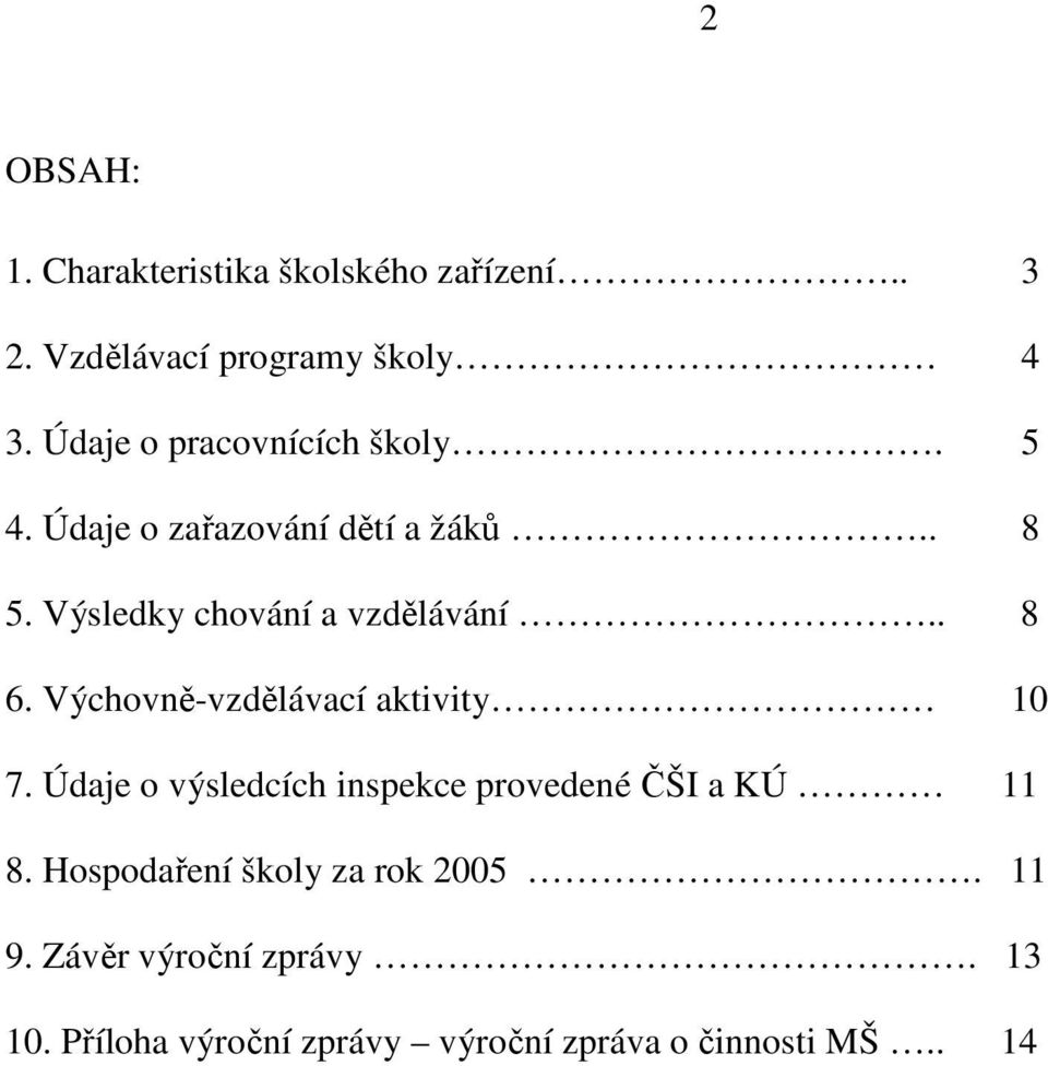 . 8 6. Výchovně-vzdělávací aktivity 10 7. Údaje o výsledcích inspekce provedené ČŠI a KÚ 11 8.